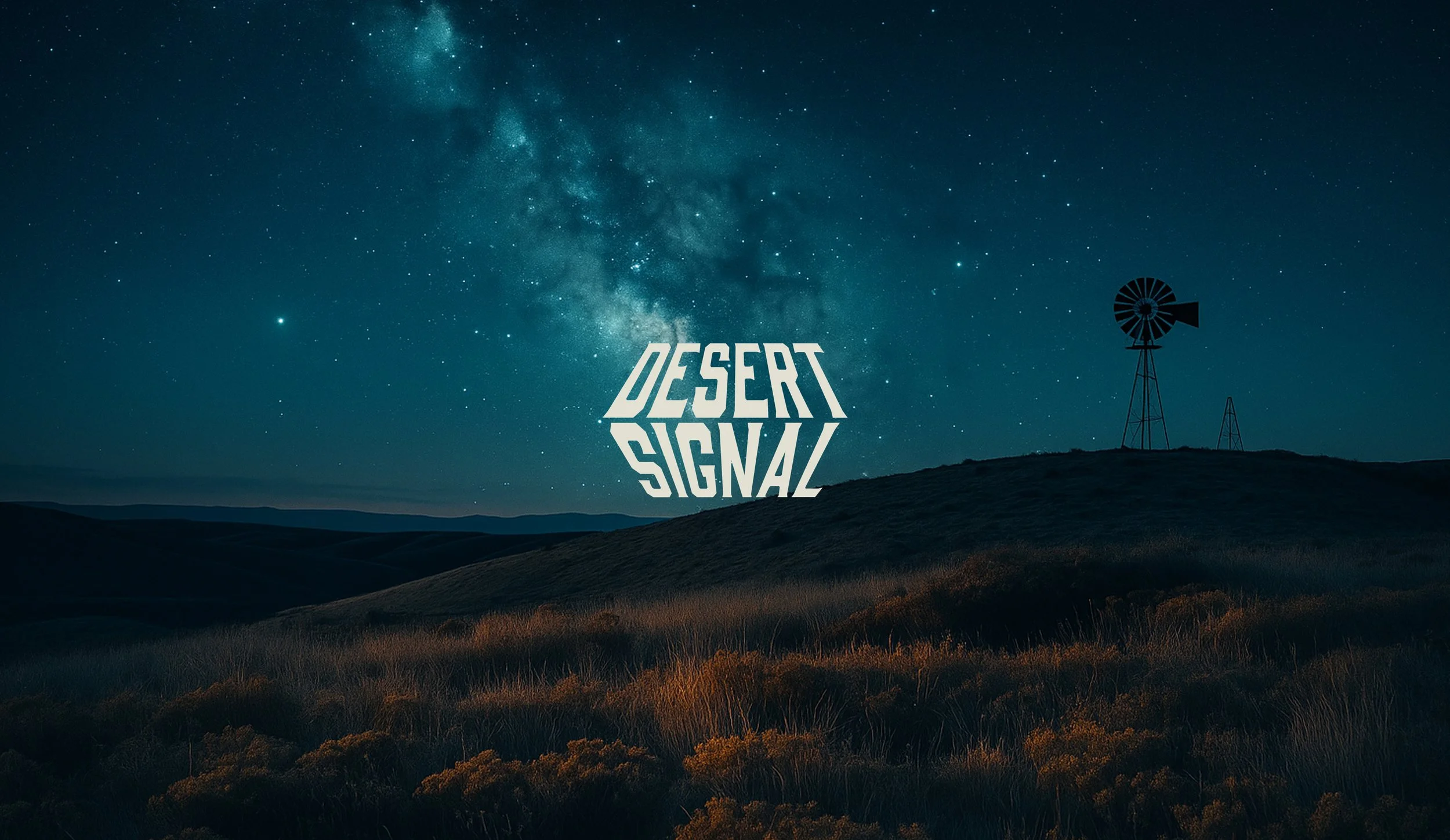 Night sky filled with stars and the Milky Way galaxy, with a silhouette of rolling hills, a windmill, and power lines, and the text 'Desert Signal' in the center.
