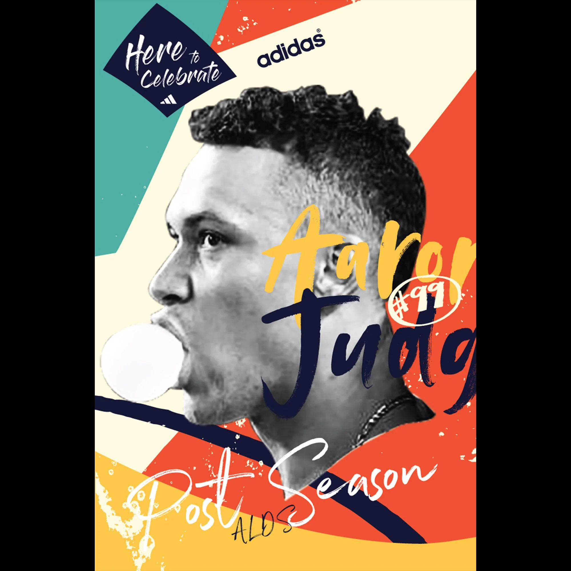 A promotional graphic featuring a black and white photograph of a young man with short curly hair, overlaid with colorful abstract shapes, text reading 'Here to Celebrate', 'Adidas', and '#17' in various fonts and colors.