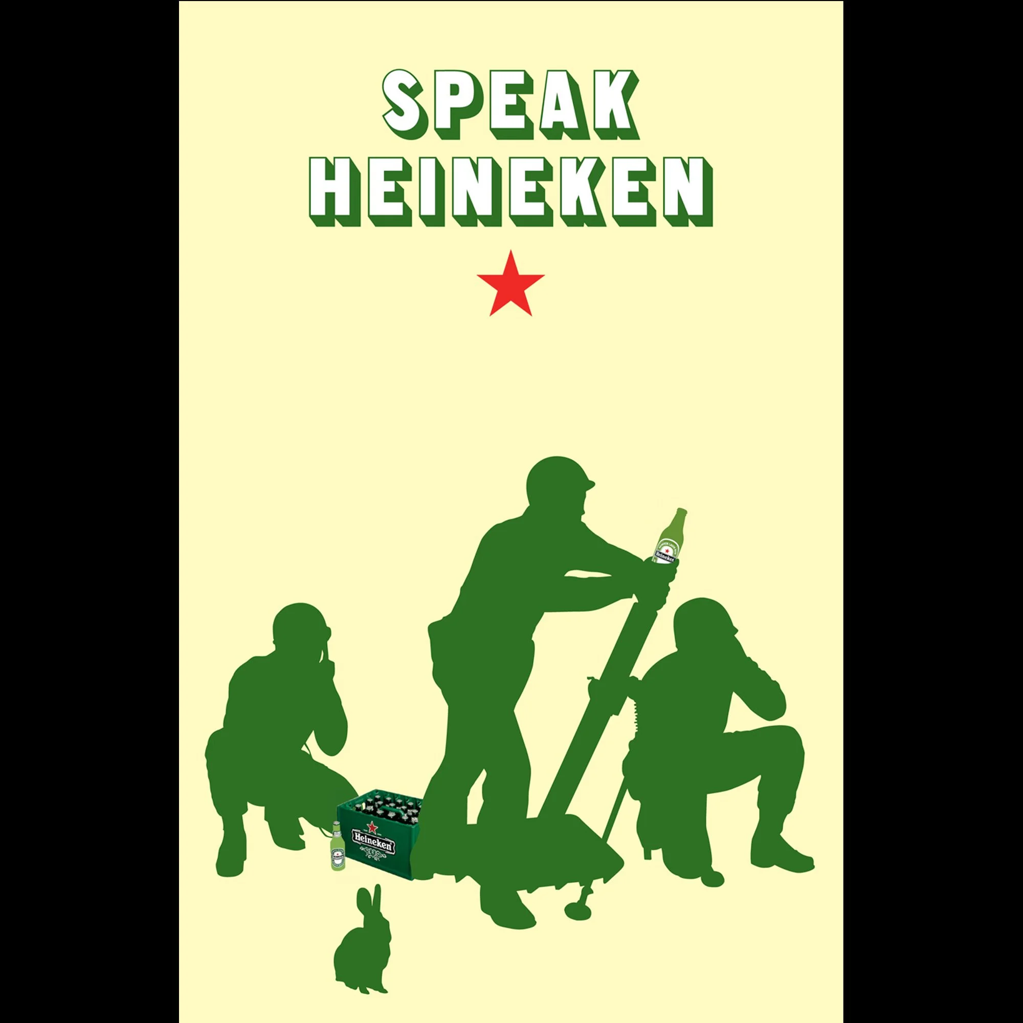 Silhouettes of people sitting around a campfire, drinking Heineken beer, with the text 'Speak Heineken' and a red star above the scene.
