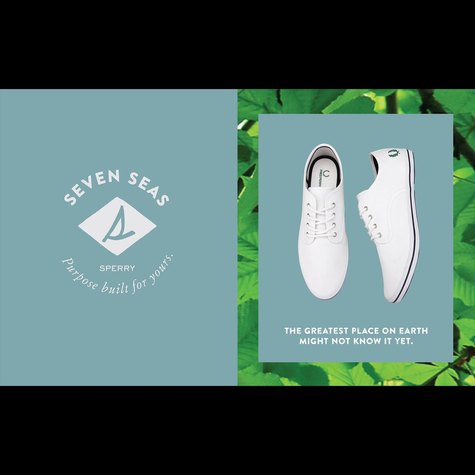 Close-up of white sneakers with green logo on the tongue, set against a background of lush green leaves.