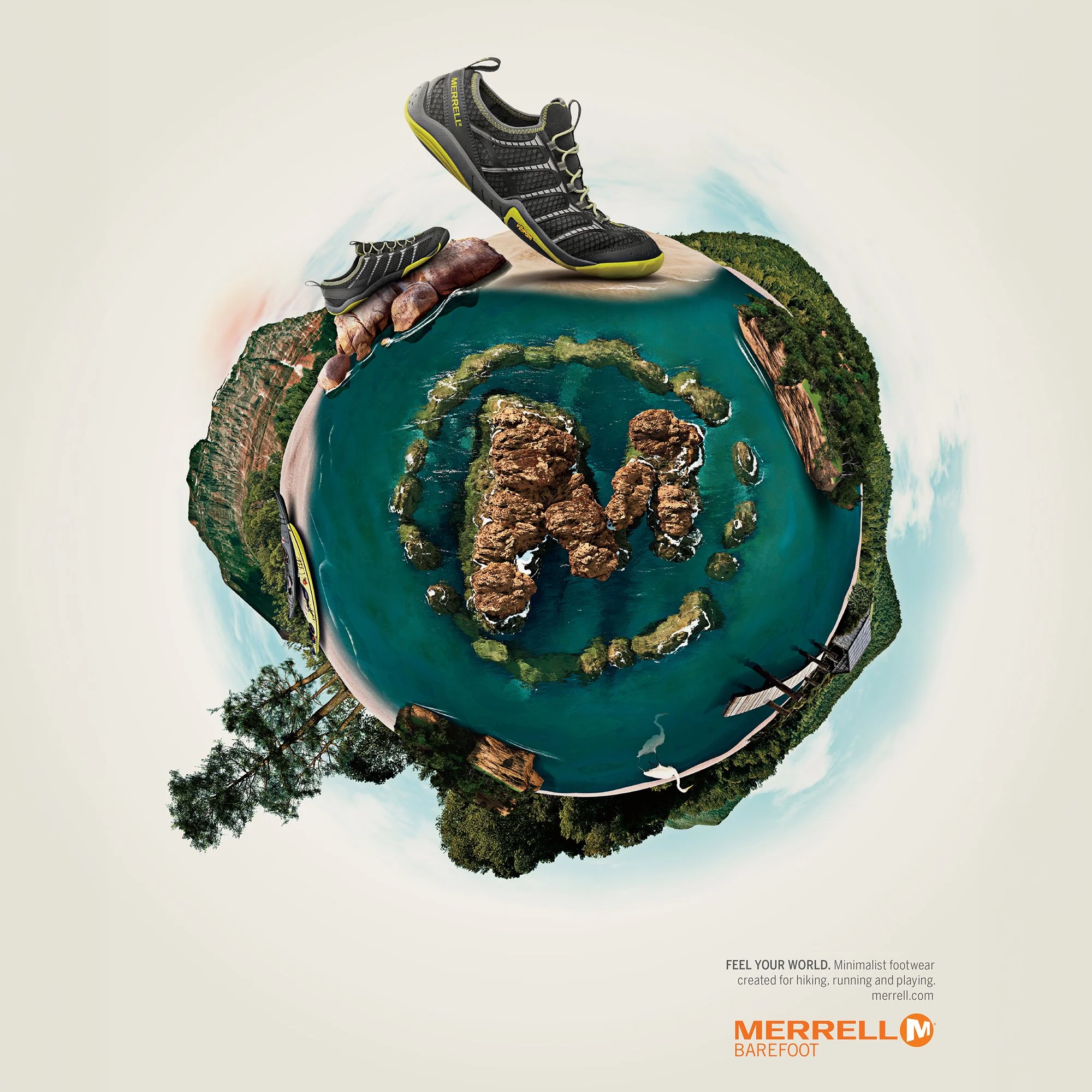A pair of Merrell Barefoot hiking shoes on top of a tiny planet map showing a coastline, forest, and rocky terrain. The background is light gray with text promoting minimalist footwear for hiking, running, and playing.