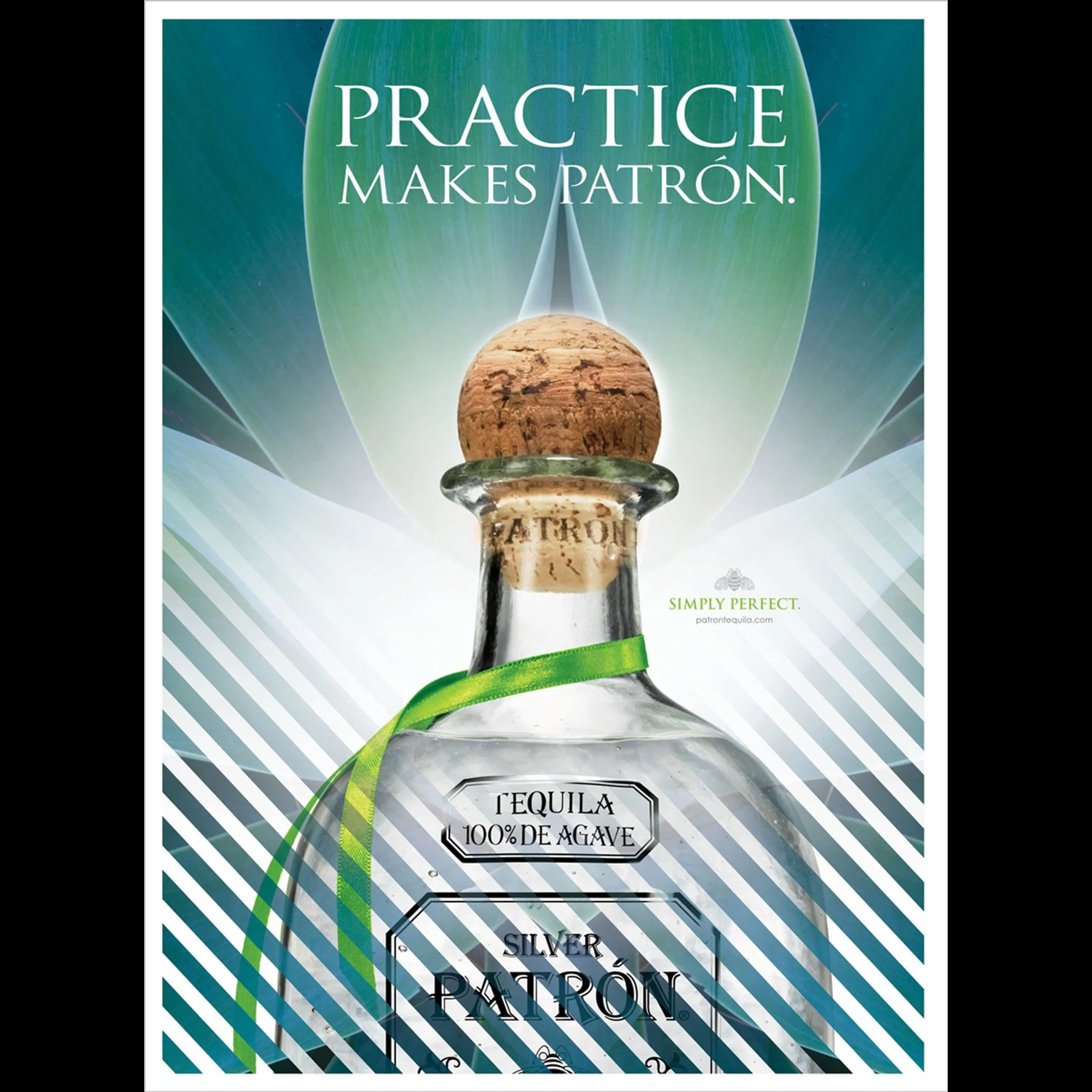 A perfume bottle with a cork stopper on a black pedestal, wrapped with a green ribbon, with the text 'TEQUILA' and '100% DE AGAVE' on the label. The background shows a large green leaf with the phrase 'PRACTICE MAKES PATRÓN.'