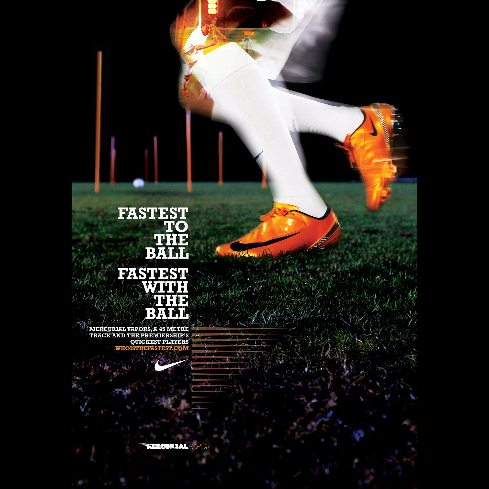 A collage of a football player in bright orange cleats and white uniform, sprinting on a field with a night sky background, overlaid with images of a man practicing golf, and vertical bars resembling a track or golf course layout, with text about speed and a website link.