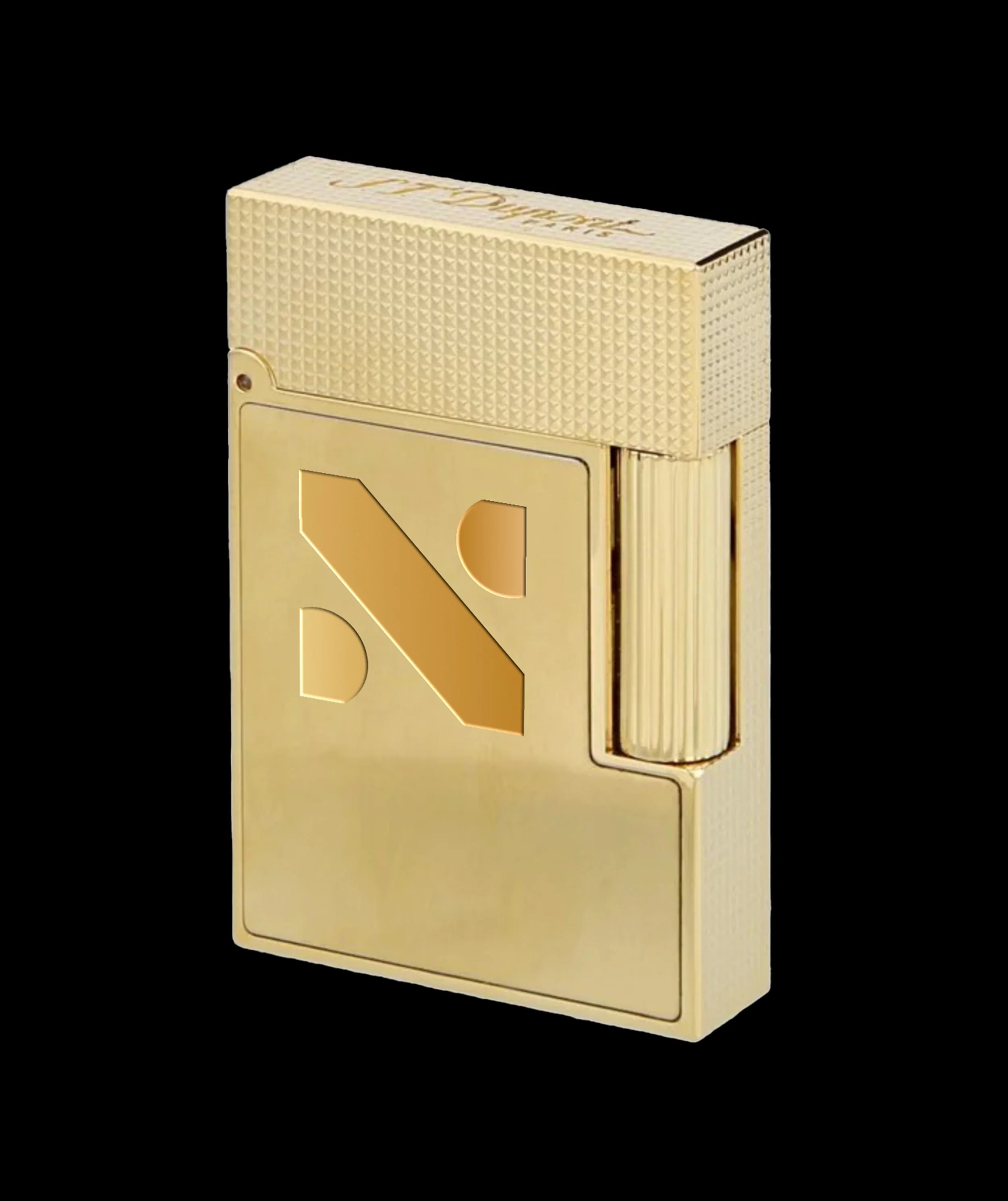 A gold-colored, rectangular N95 mask with textured surface and multiple layers.