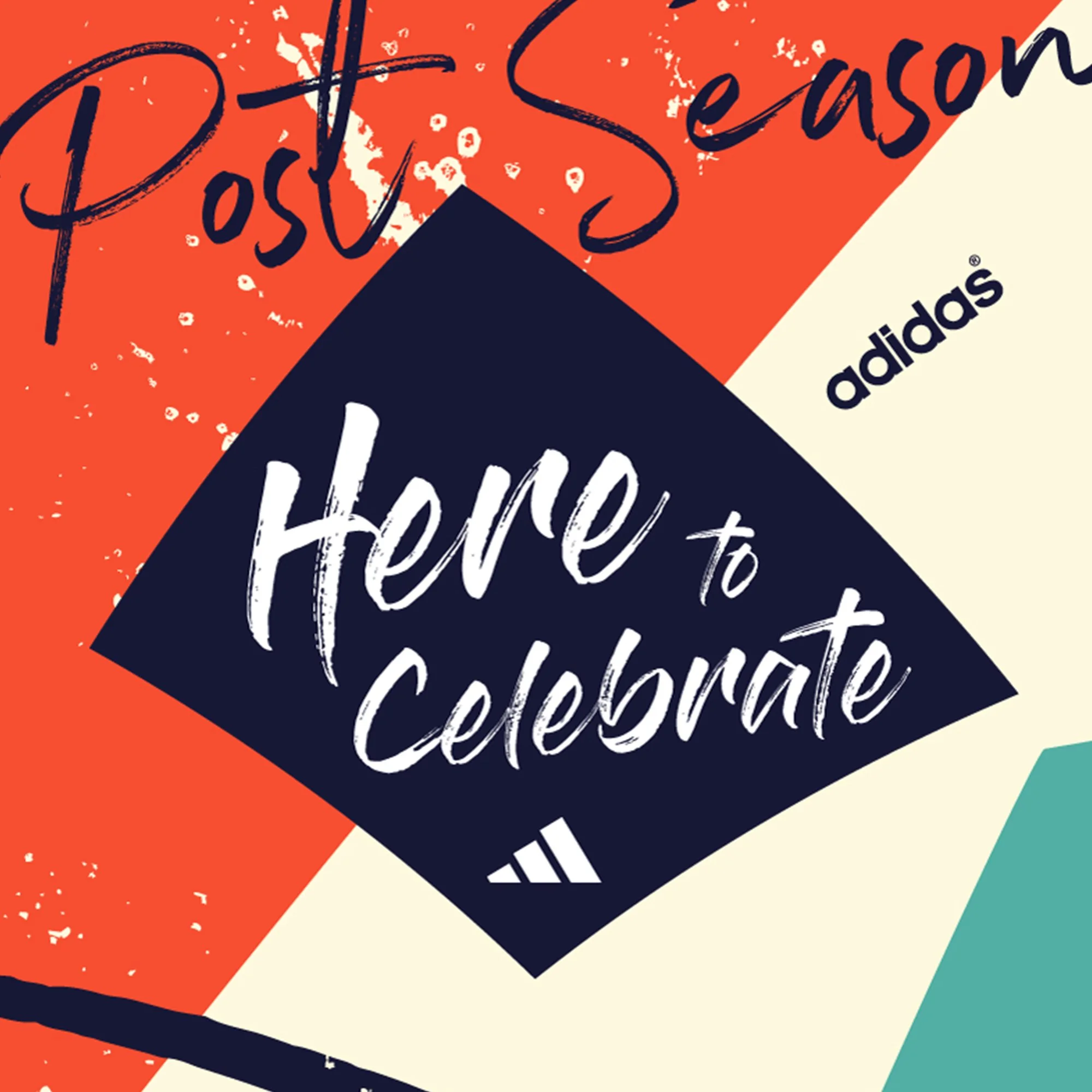 Close-up of a colorful Adidas shoebox with the words "Postseason" and "adidas" visible, featuring a geometric design in orange, navy, and cream colors.