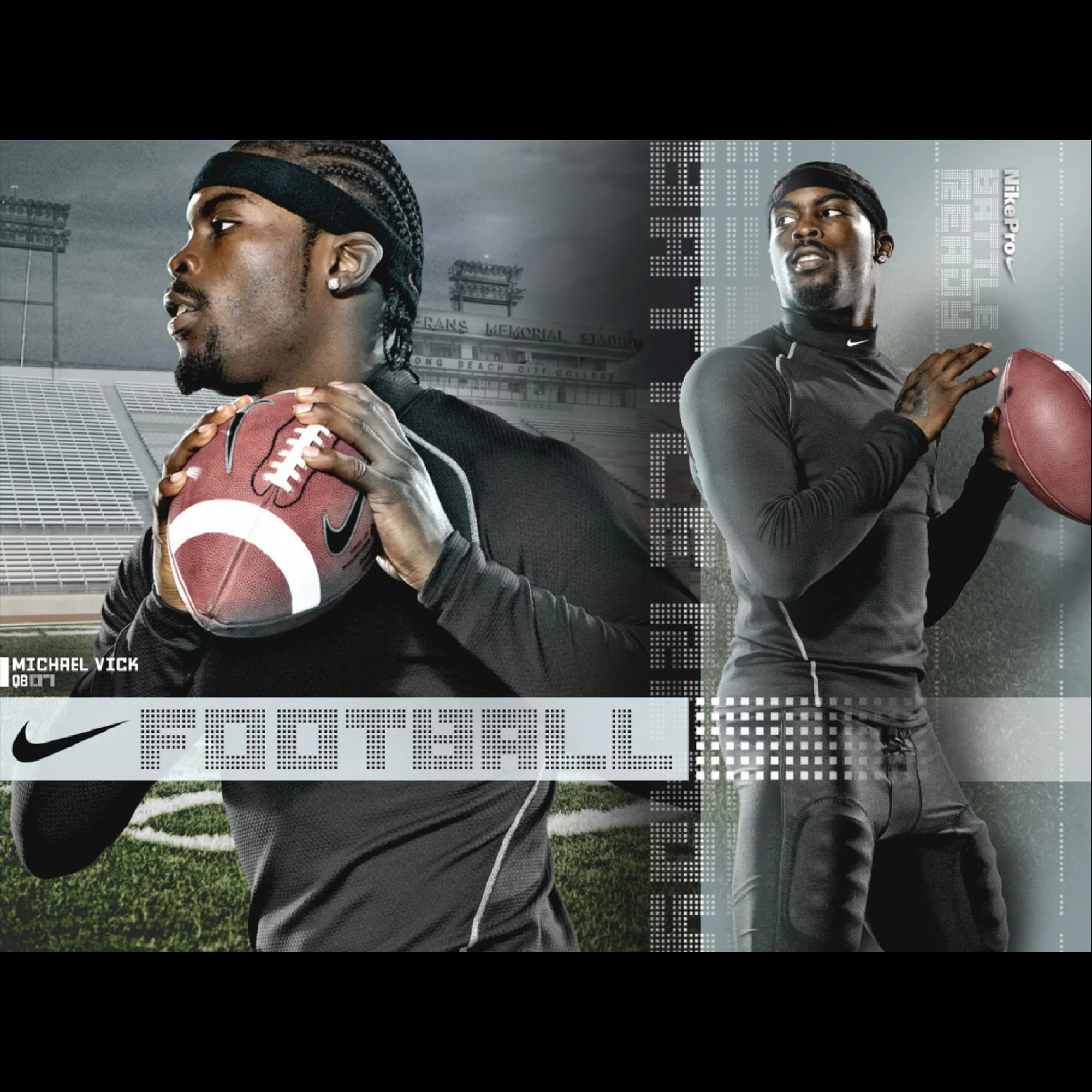 Two football players in action, one holding a football and the other preparing to throw it, at a football stadium.
