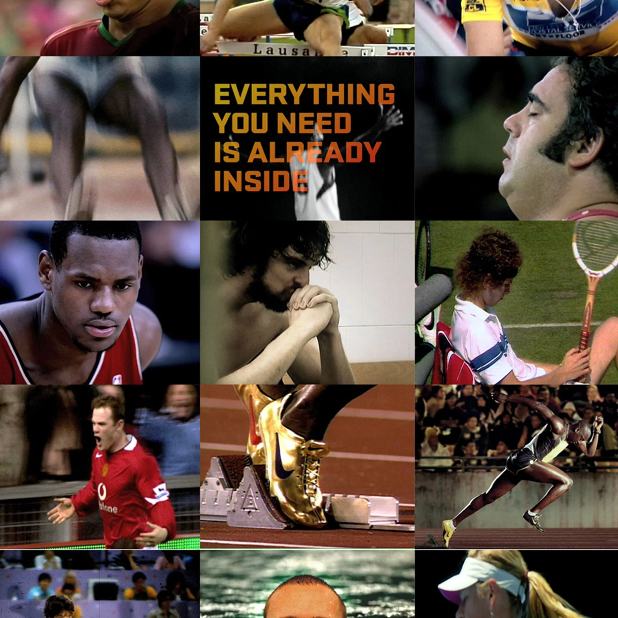 A collage of various athletes and sports scenes, including runners, swimmers, tennis players, and athletes at various events, with the central text "Everything you need is already inside".