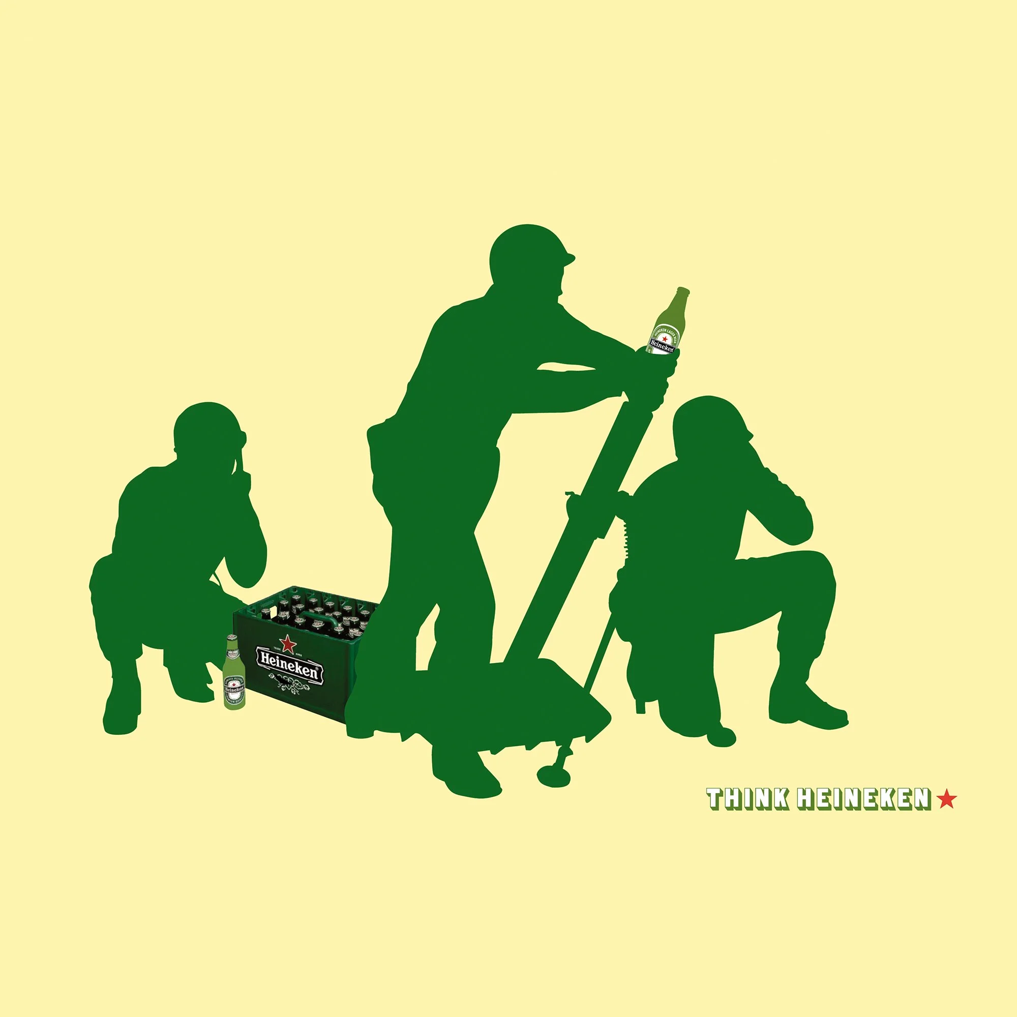 Silhouette of four men, one holding a Heineken beer bottle, with a crate of Heineken bottles nearby, and the words "THINK HEINEKEN" at the bottom right.
