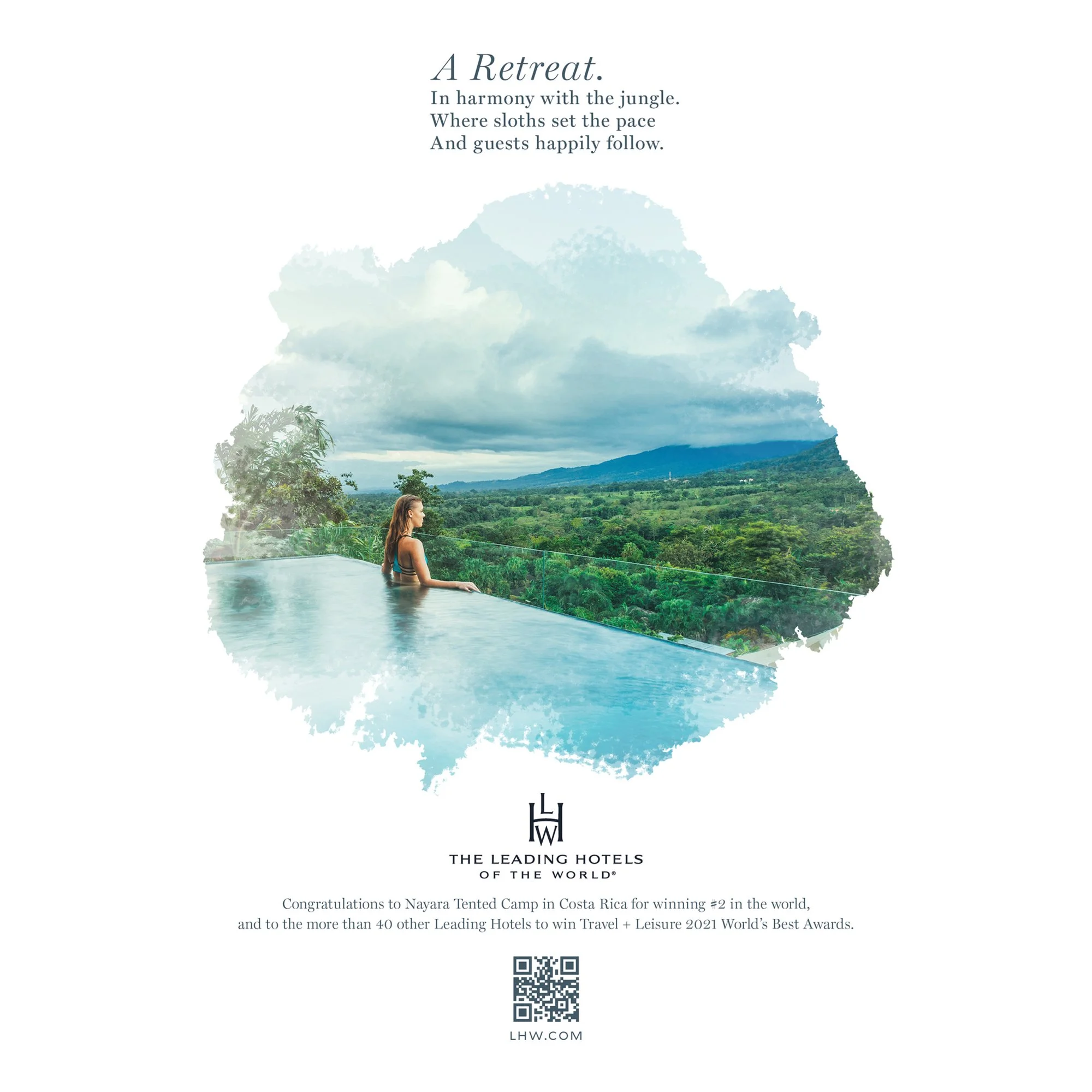 An advertisement featuring a woman relaxing in a pool with a scenic lush green landscape and mountains in the background. The ad promotes the Navara Tented Camp in Costa Rica, emphasizing a retreat in harmony with nature.