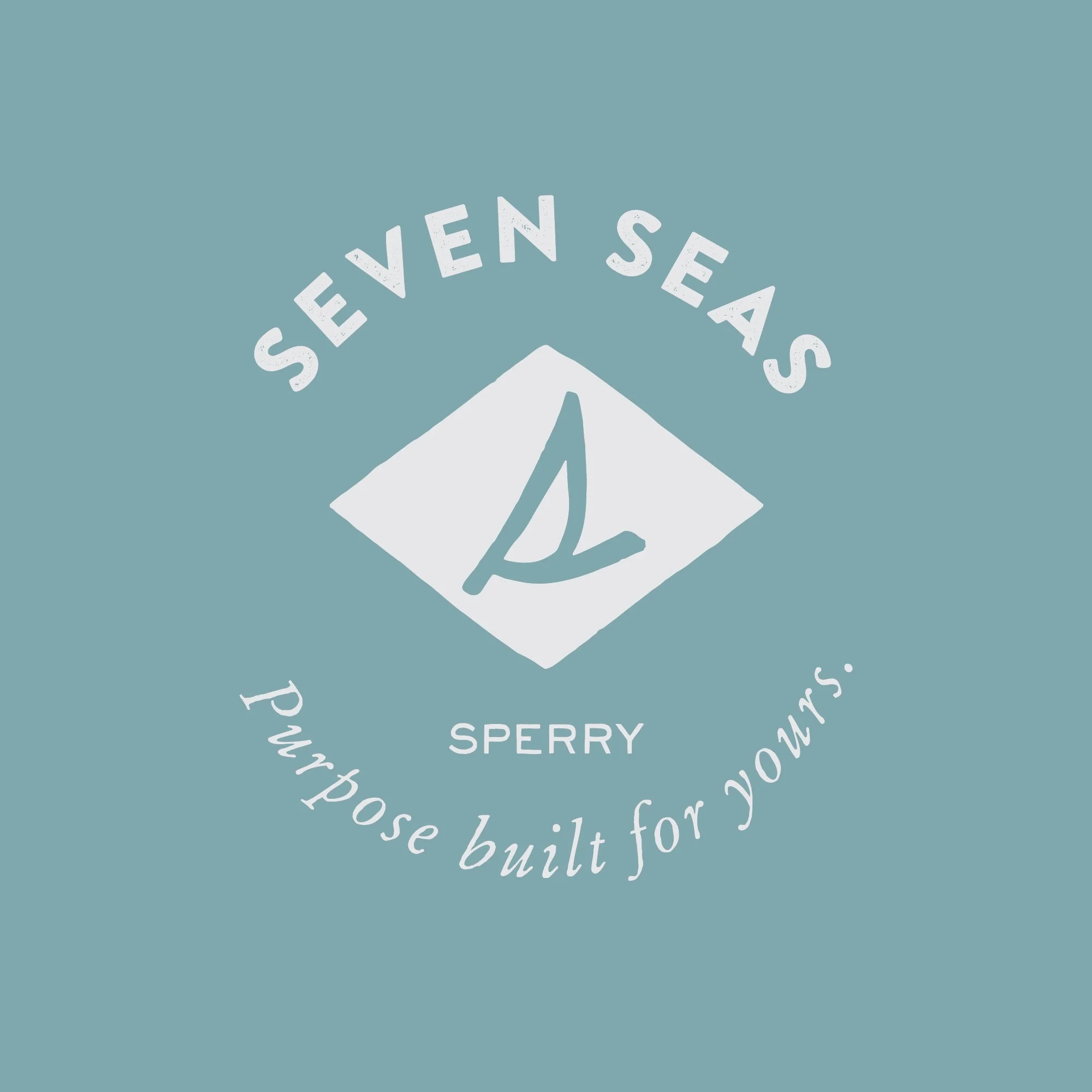 A graphic featuring the words 'Seven Seas' and a mountain or wave illustration, with a circular text that reads 'Proudly produced and built for schip built for'.