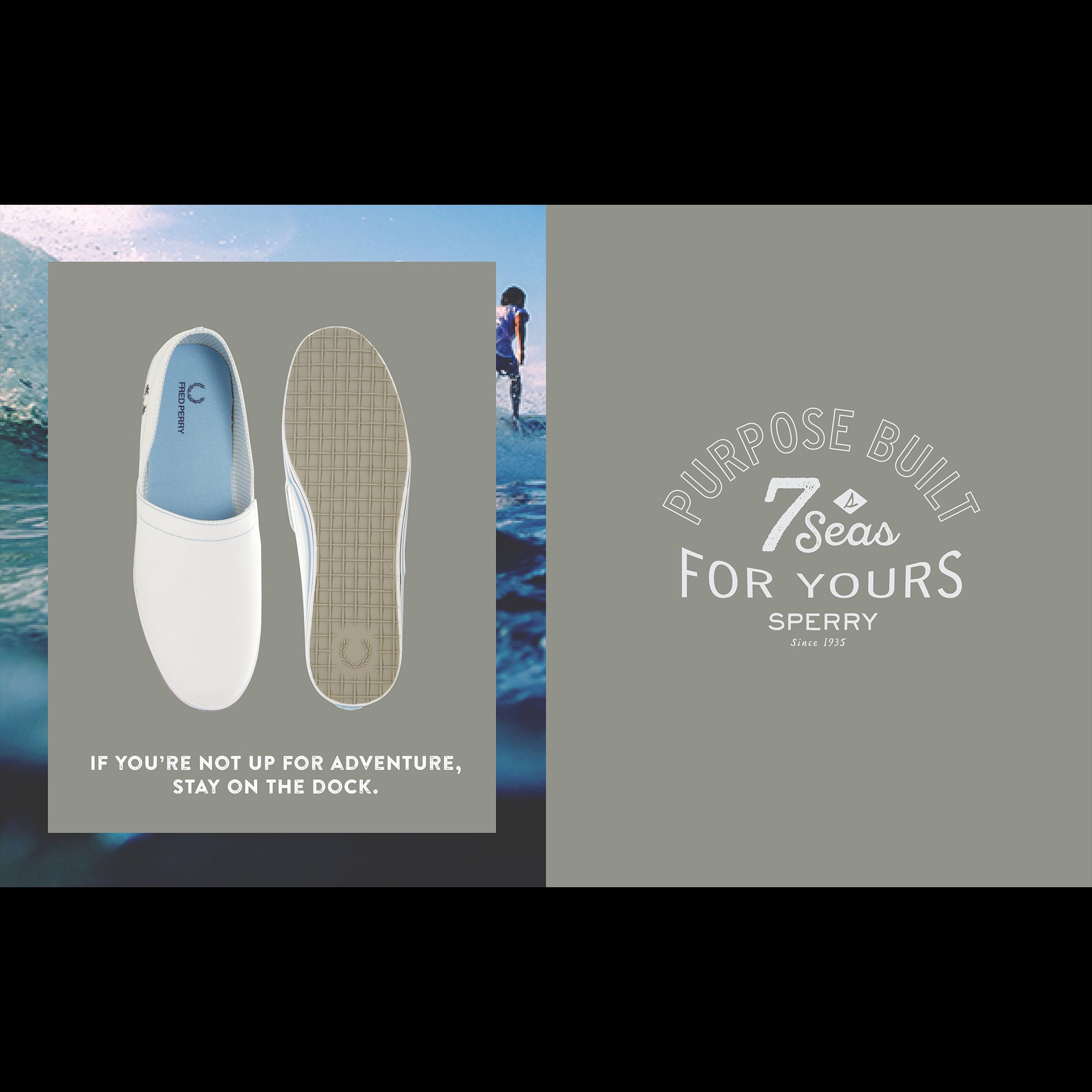 A pair of white slip-on shoes with blue insoles and beige soles, placed against a backdrop of ocean waves and a person surfing, with text promoting Sperry shoes for adventure.