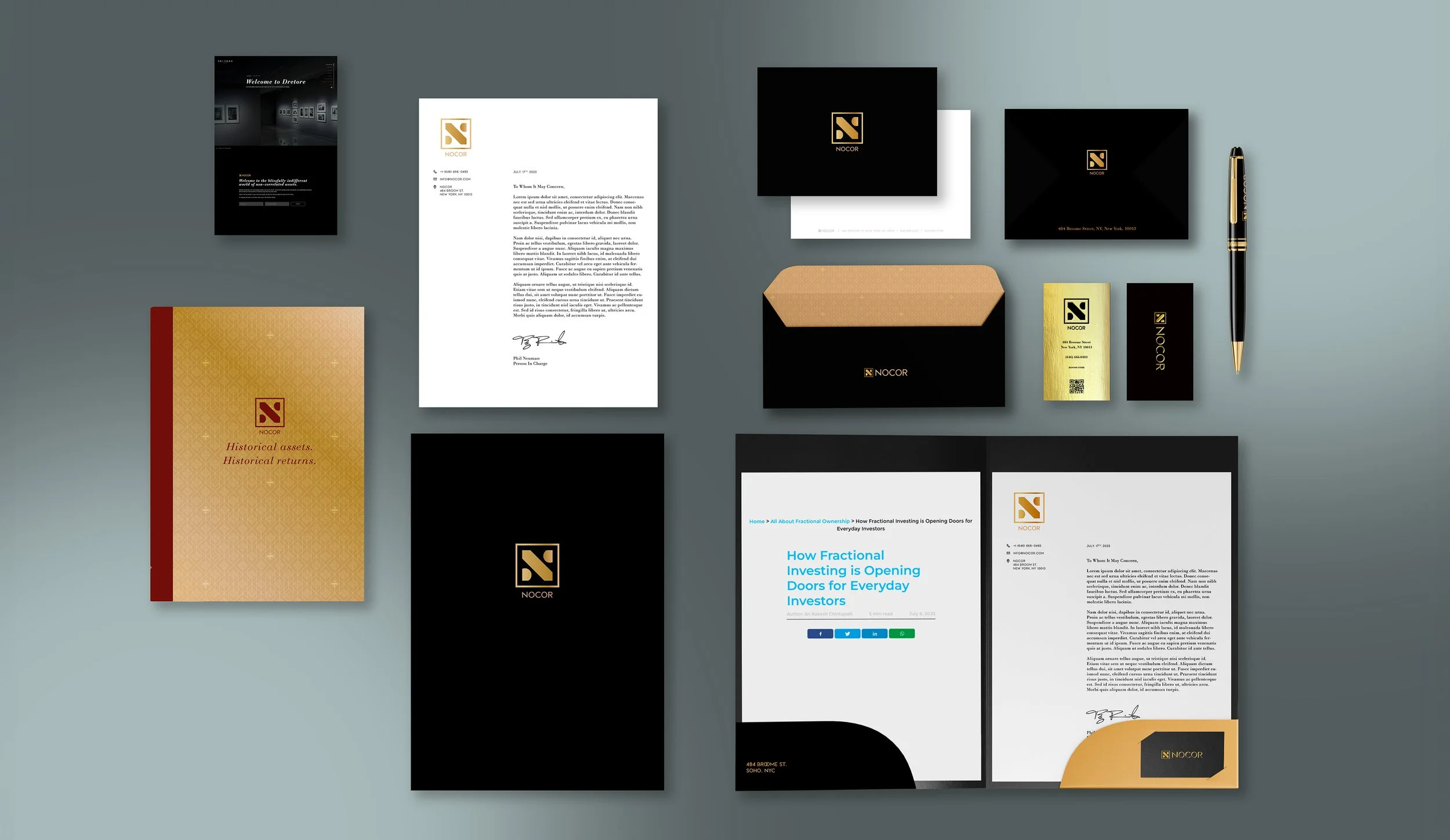 Collection of marketing and branding materials for NOCOR, including business cards, letterhead, envelopes, brochures, and digital content, arranged on a gray surface.