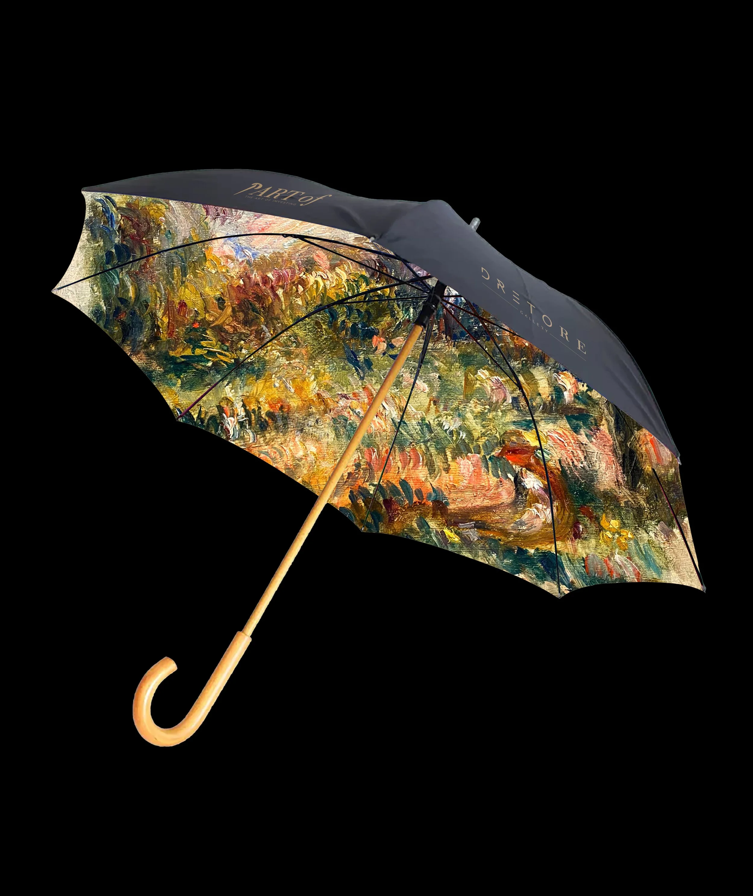 A painting umbrella with vibrant, colorful brushstrokes and the words 'PART of the art of living' and 'GALLERY' written on the edge. The umbrella has a black top with gold text, a wooden handle, and is set against a black background.