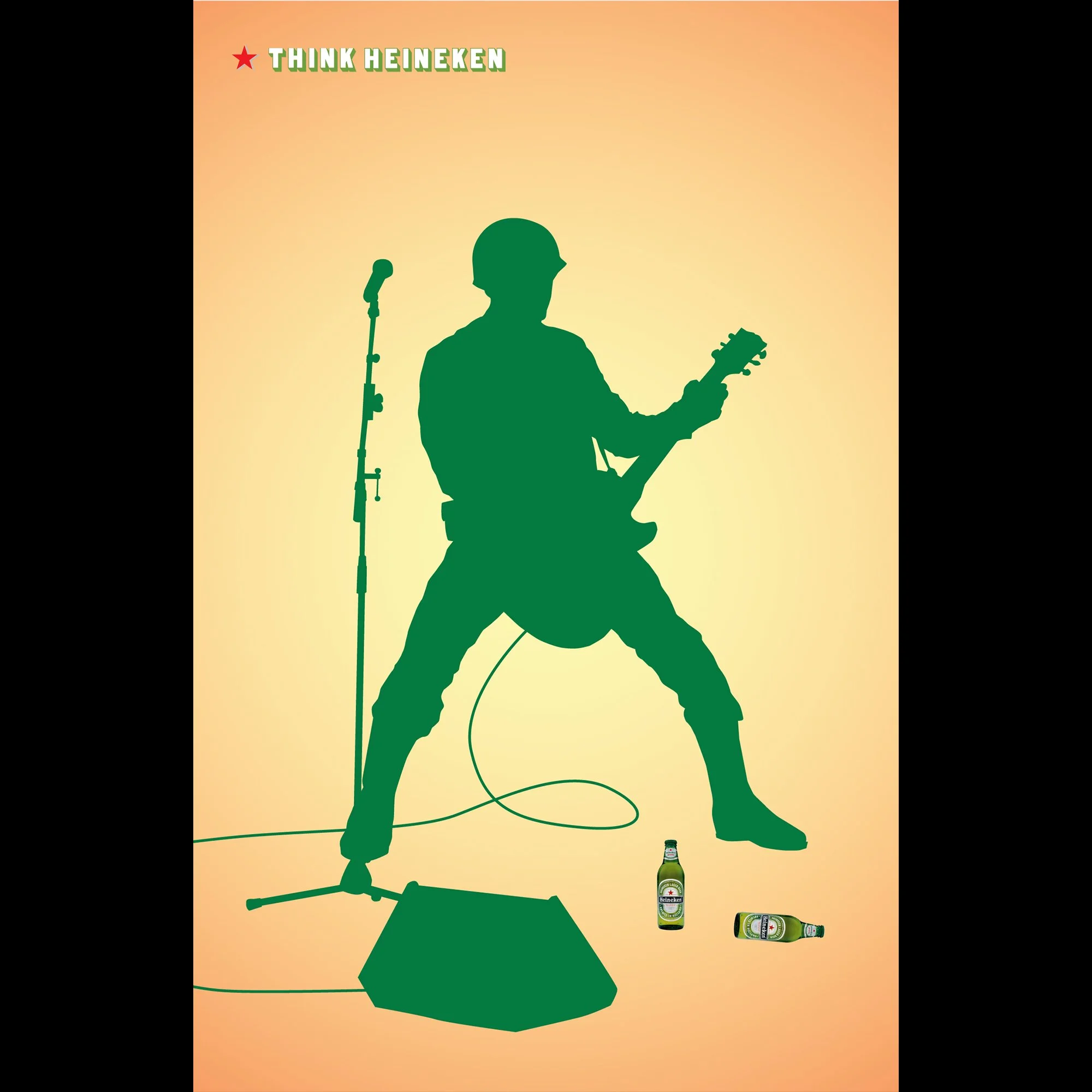 A silhouette of a person playing an electric guitar on stage with microphones and a heineken beer bottle in front. The image has a gradient orange background with a collage style.