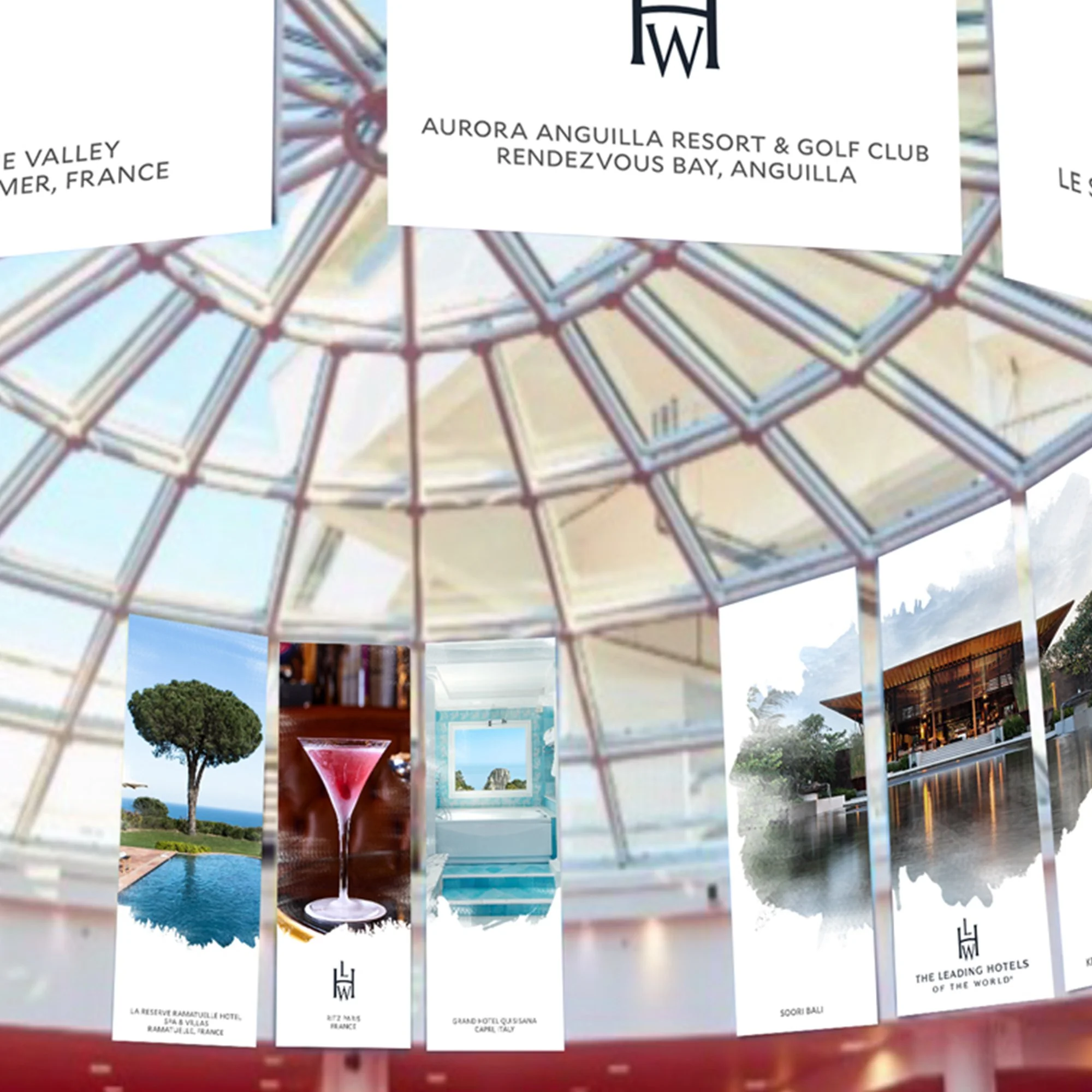 A collage of images and text describing luxury hotels and resorts around the world, including Aurora Anguilla Resort & Golf Club in Anguilla and the Grand Hotel Toscana in Capalbio, Italy, with a background image of a glass dome ceiling at a resort.