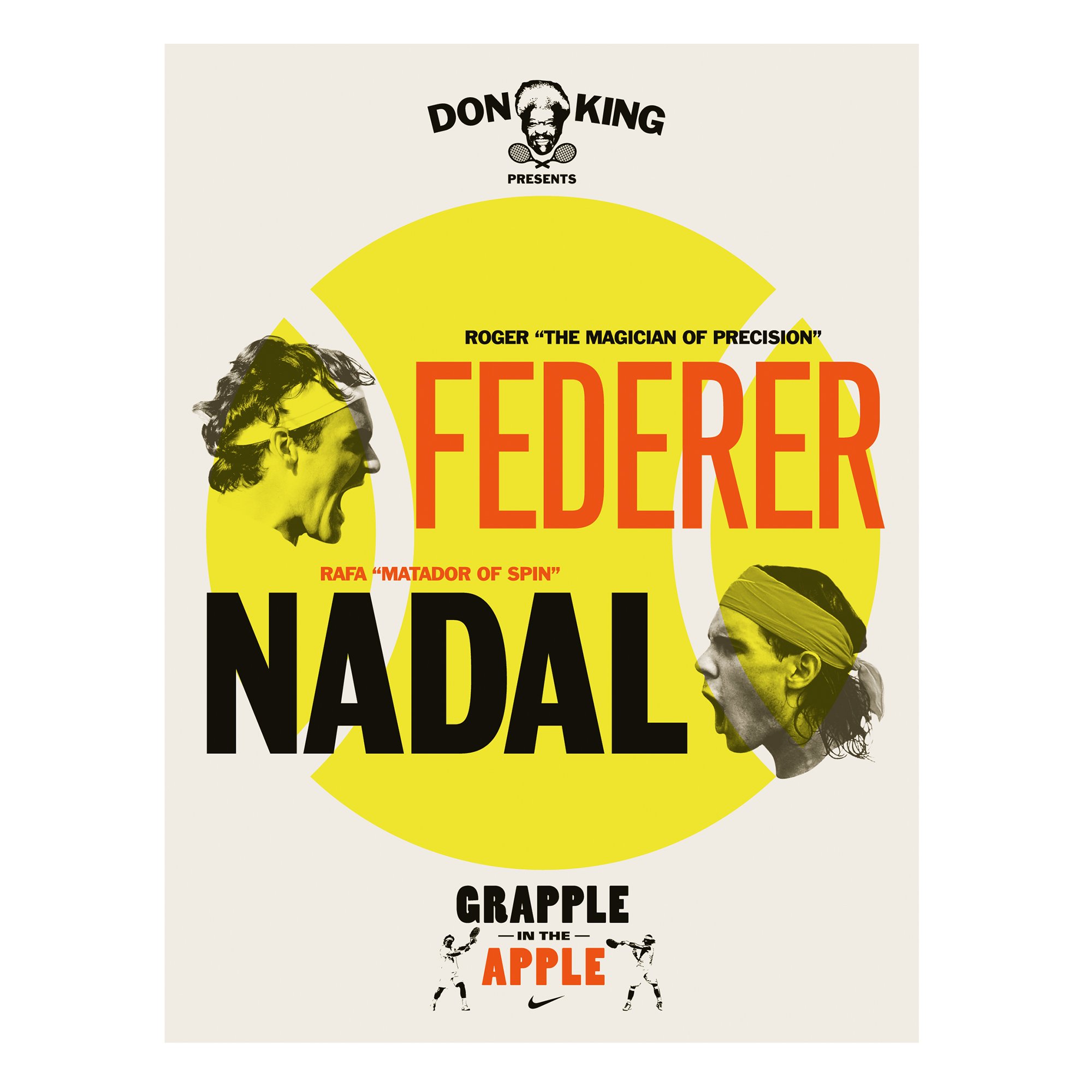 Poster for a tennis-themed event presented by Don King, featuring Roger 'The Magician of Precision' Federer and Rafa 'Matador of Spin' Nadal, with tennis players and logos.