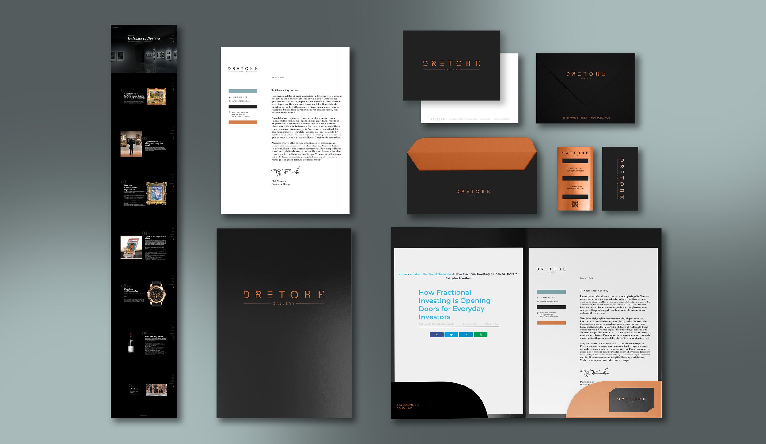 Collection of marketing materials for DRETore Gallery, including brochures, business cards, envelopes, and posters, arranged on a flat surface.