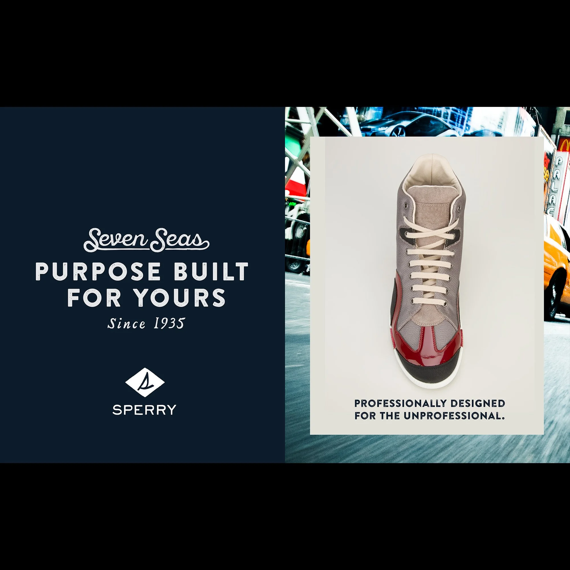 Advertisement for Sperry shoes featuring a close-up of a beige sneaker with red accents, and background images of city streets, vehicles, and a McDonald's sign.