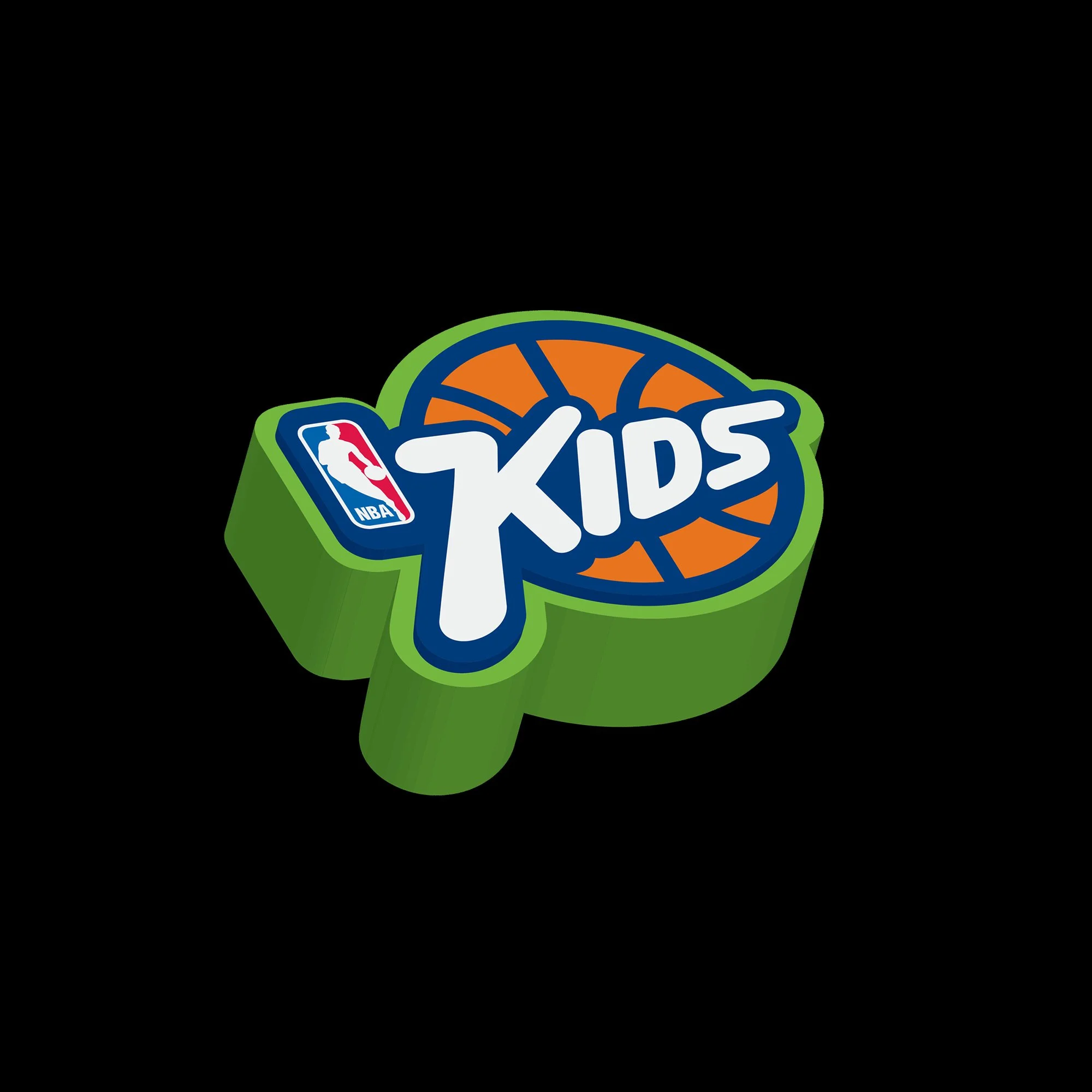 Logo of NBA Kids with basketball graphic in green, orange, blue, and white colors.