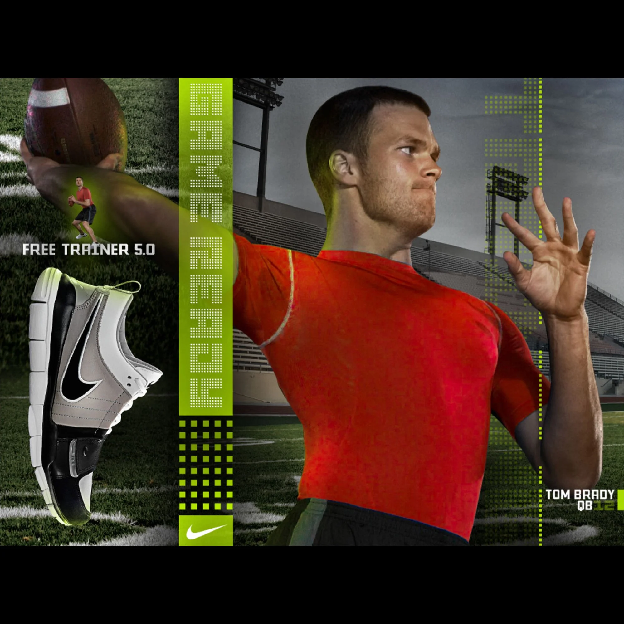 Image of a football player in a red jersey with the text 'Tom Brady QB 12' and Nike logo, along with training shoes, and a football in the background.