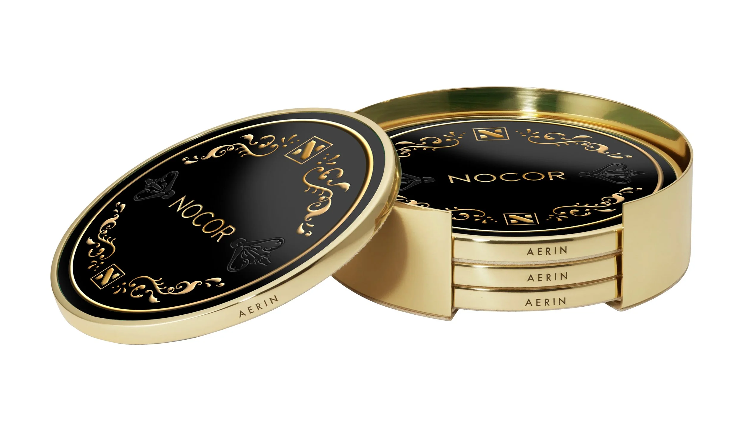 A gold and black tin container with ornate designs, labeled 'NOCCOR,' with some of the container's lid slightly open revealing multiple small, gold-colored tins inside, each labeled 'AERIN.'