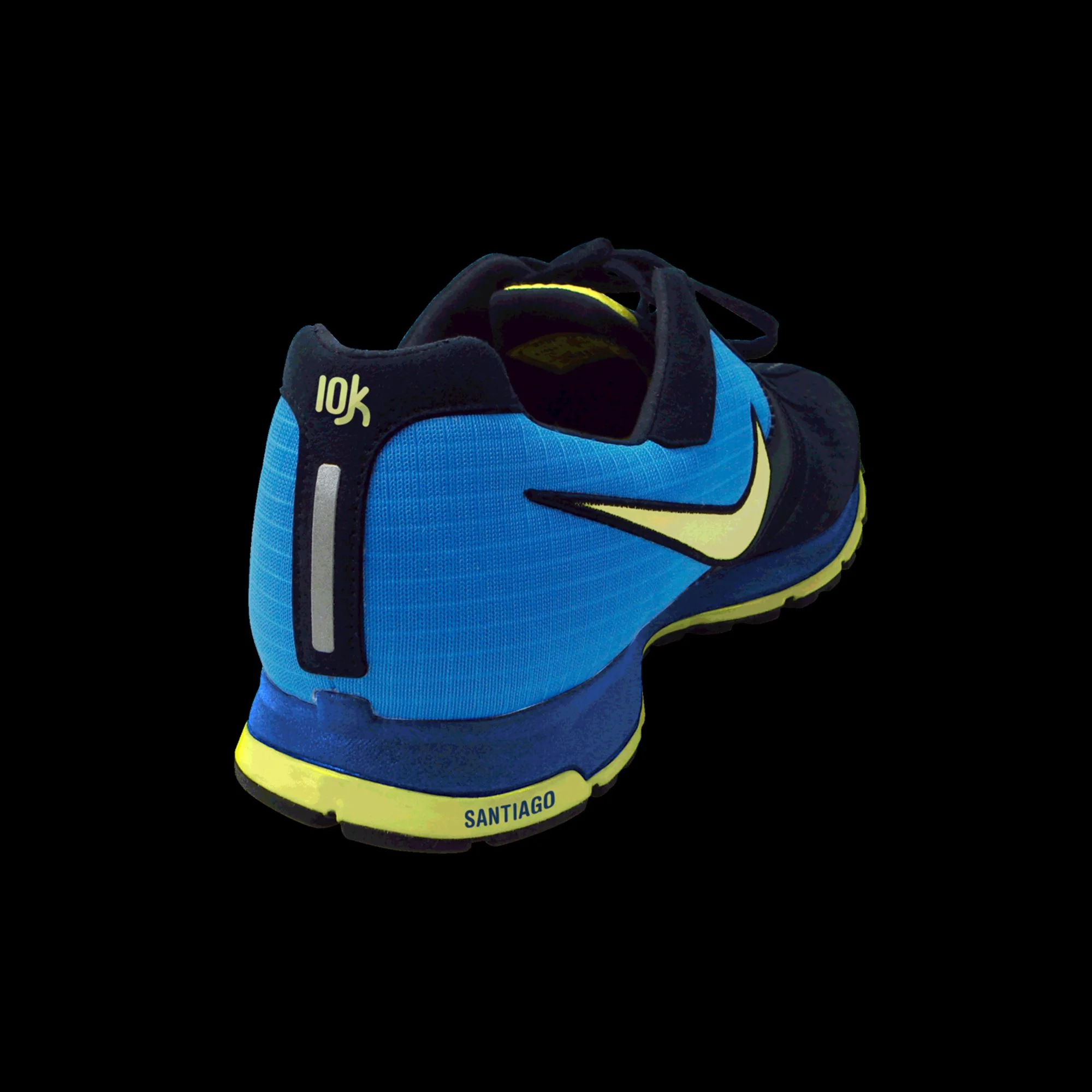 Blue and black running shoe with yellow accents, labeled 'Santiago' on the yellow sole, with yellow lining and laces