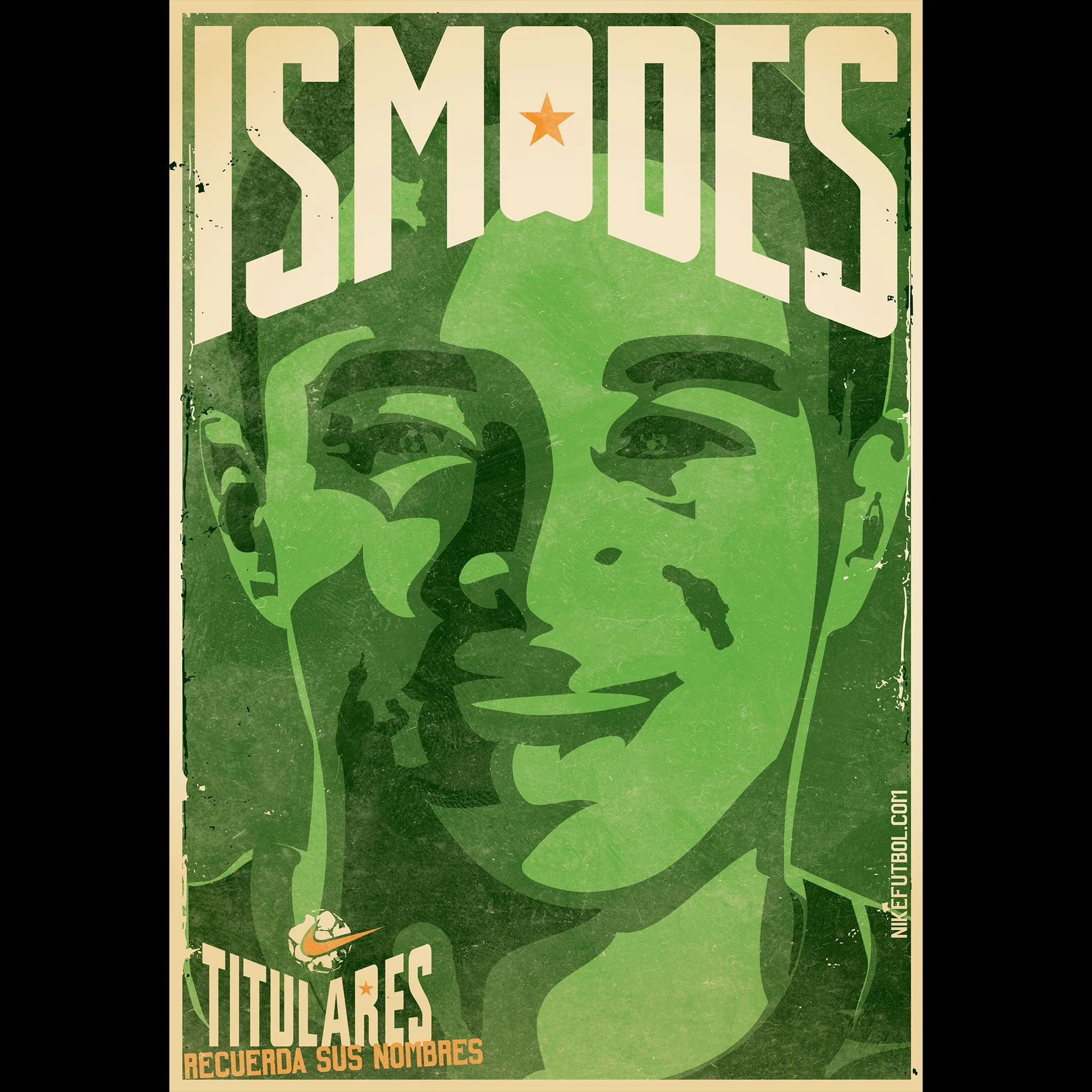 A green poster with large white letters spelling 'ISSUES' and a small orange star in the center of the 'I'. There is a stylized face in the background with raised fists and a small Nike logo. The poster has a distressed, vintage look. The bottom text in Spanish says 'Recuerda sus nombres,' meaning 'Remember their names.'