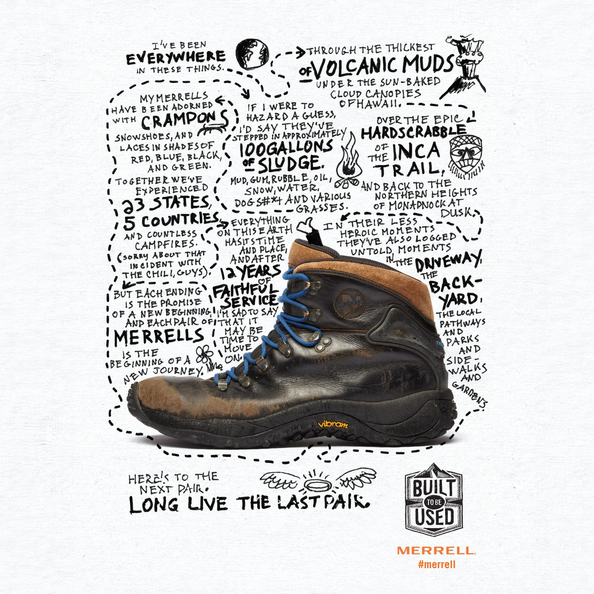 Hand-drawn illustration with handwritten text about Merrell hiking boots and outdoor adventures, showing a boot, a campfire, and a mountain logo.