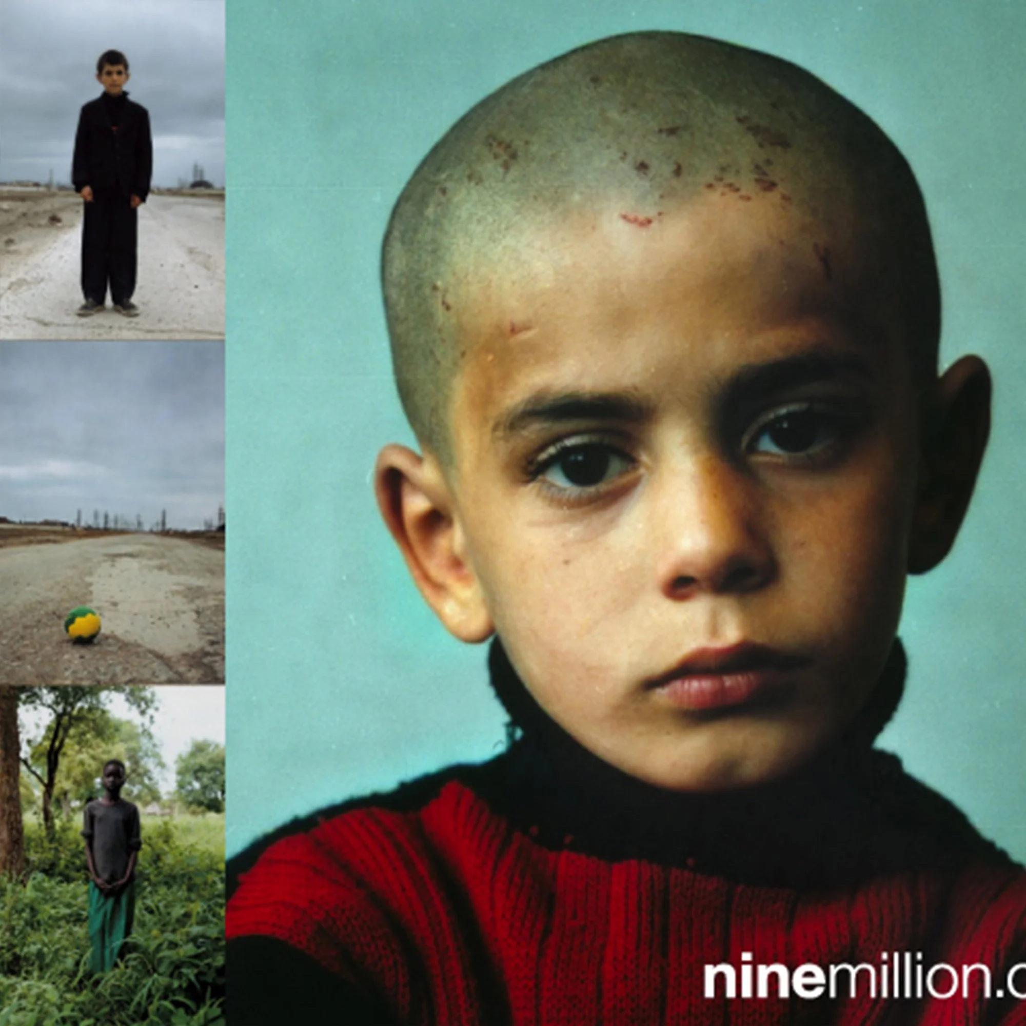 A collage of four images featuring diverse individuals and landscapes, including a young boy walking outdoors on a cloudy day, a person in a red sweater, and two people standing in a natural setting with trees and grass.