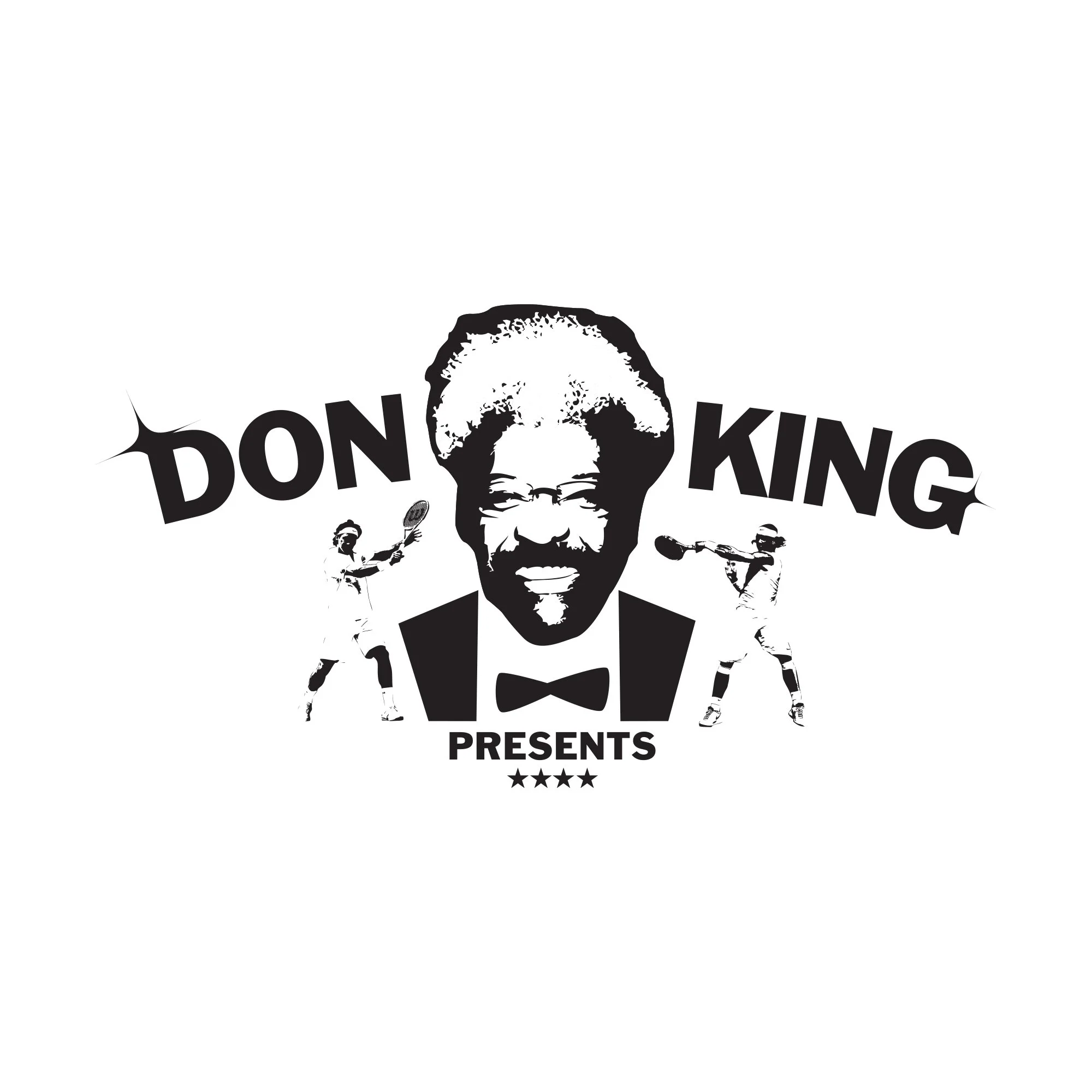Black and white graphic of a smiling man's face with the words "Don't Know" above and "Presents" below, along with small figures of athletes playing tennis and soccer.