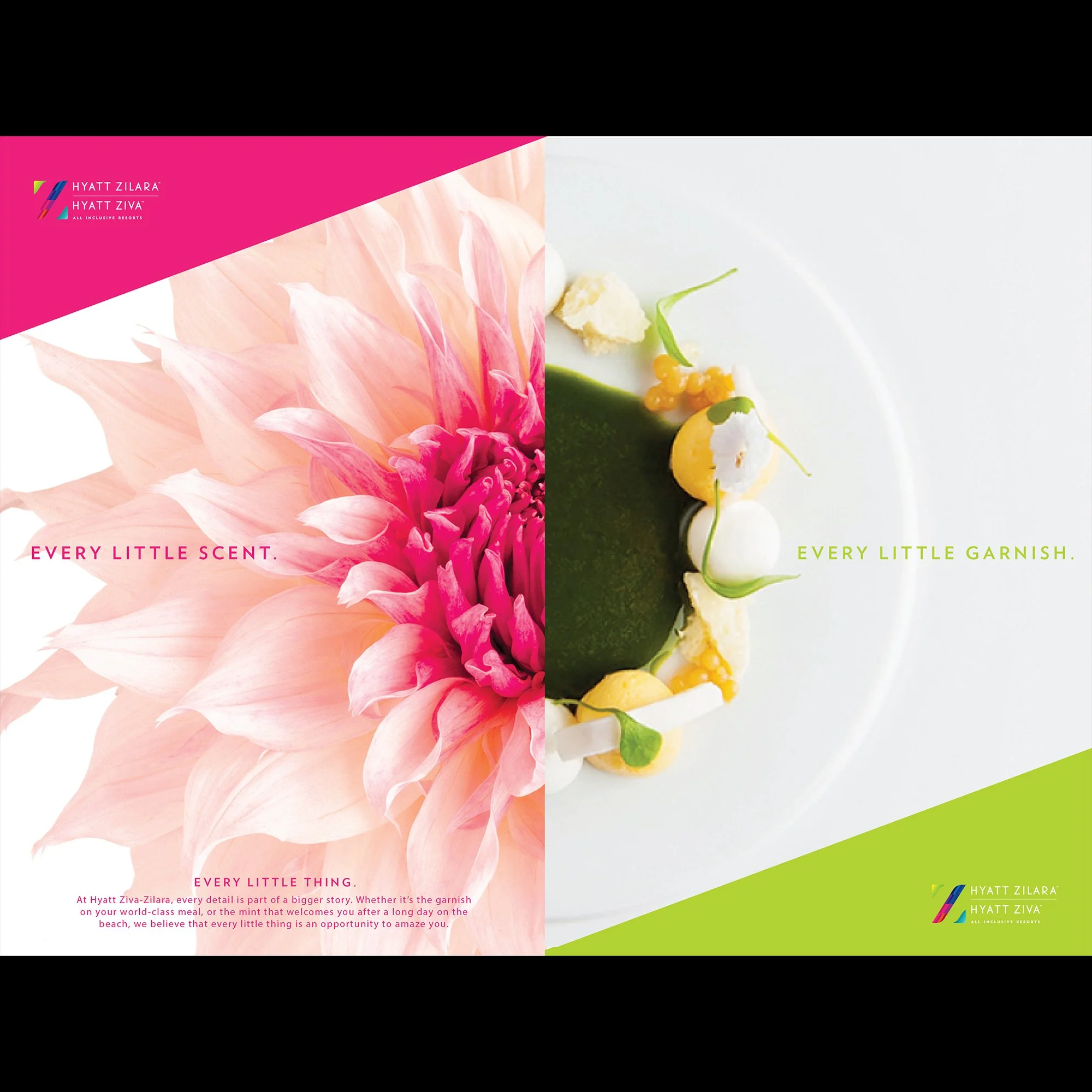 A promotional poster for Hyatt Ziva Zilara featuring a pink dahlia flower on the left side and a plated gourmet dish with green sauce, white foam, yellow caviar, and garnish on the right side, with text highlighting details about the resort and its experiences.