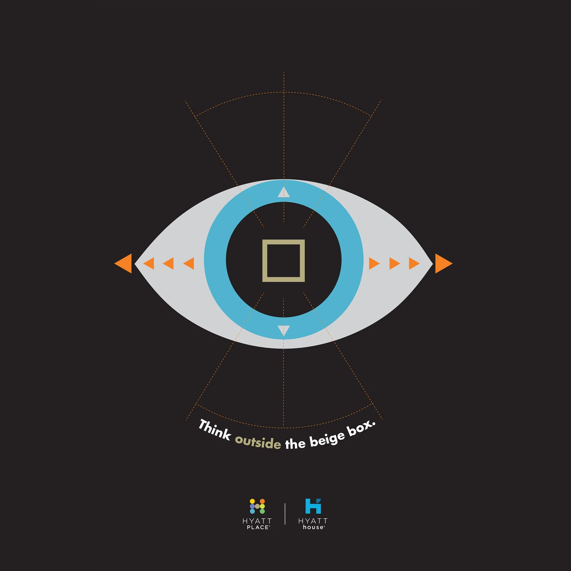 A graphic design with a black background, featuring an eye illustration with a blue iris and orange arrows pointing outward. The text instructs to think outside the beige box, and there are logos for Hyatt Place and Hyatt House at the bottom.