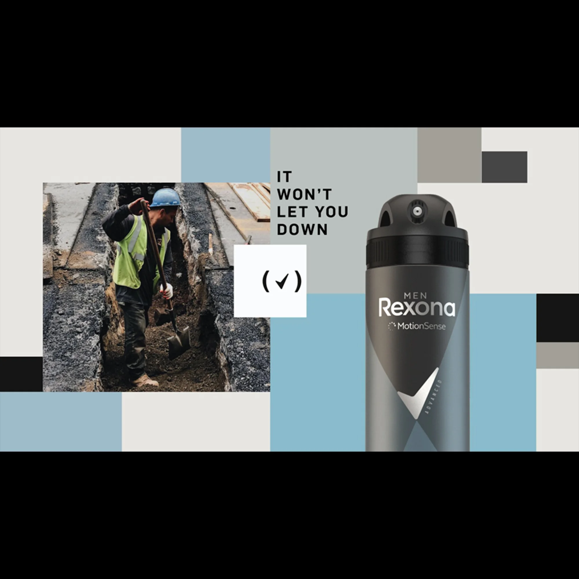 A construction worker wearing a blue helmet and yellow safety vest working on a track. Overlaid on the image is an advertisement for Rexona deodorant with the slogan "It won't let you down," featuring a black deodorant container.