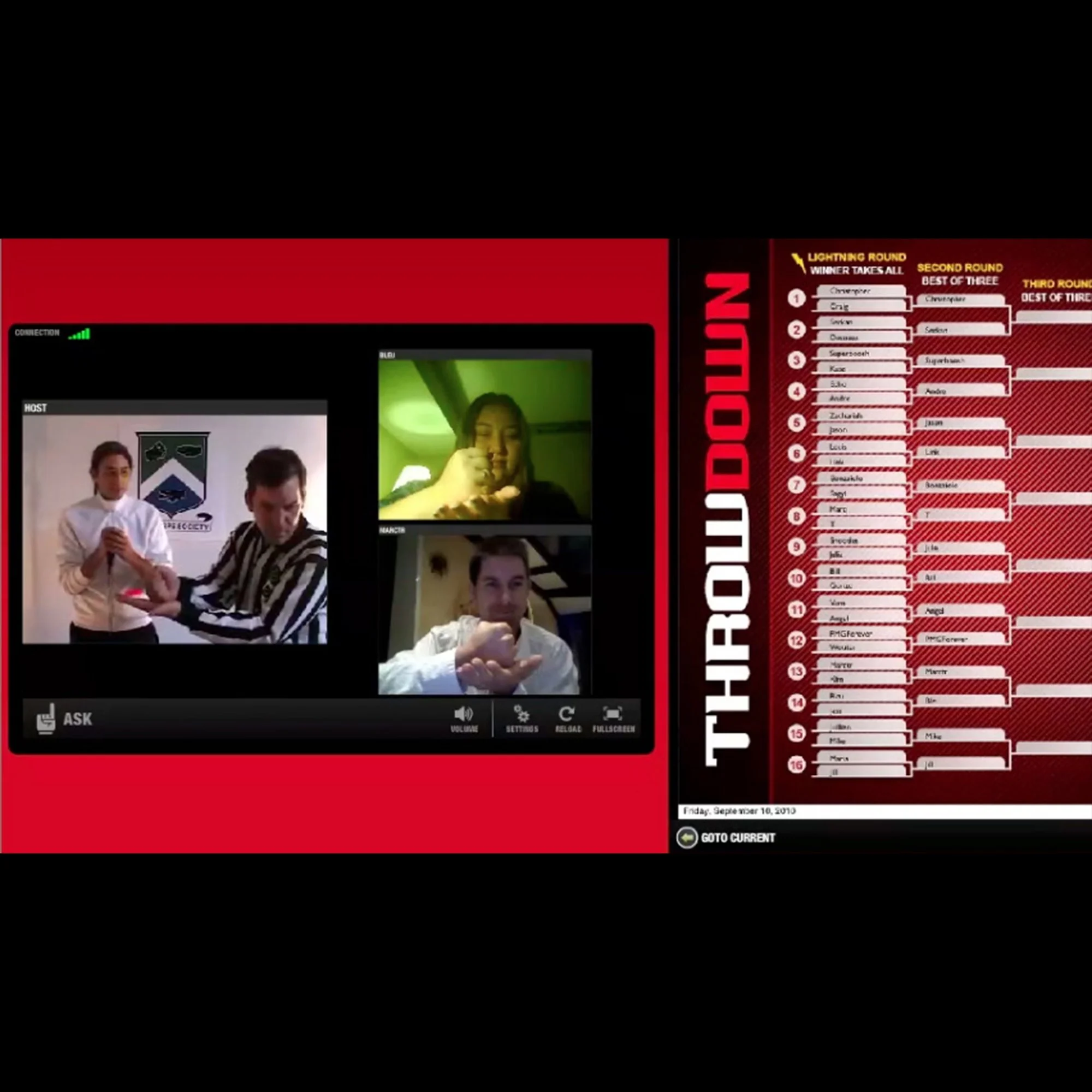 Screenshot of a video conference call showing four people, three men and one woman, with a red and black themed background related to a tournament bracket. The woman is giving a thumbs-up and smiling, while the others are looking at the camera. The phone interface at the bottom shows options for volume, settings, and full screen.