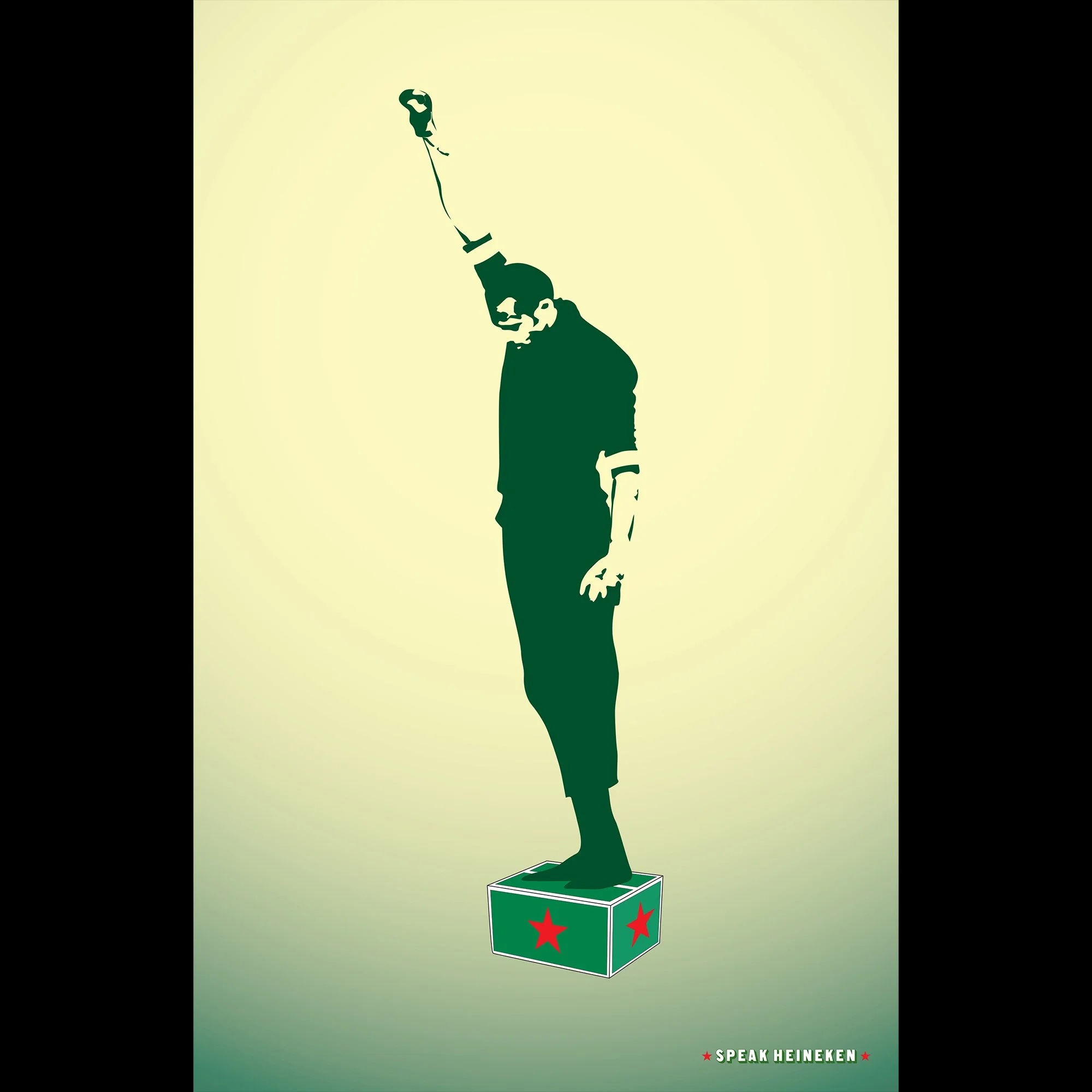 A graphic image of a statue depicting a man holding a spray can, standing on a box with red stars, with the caption 'Speak Heineken' at the bottom.