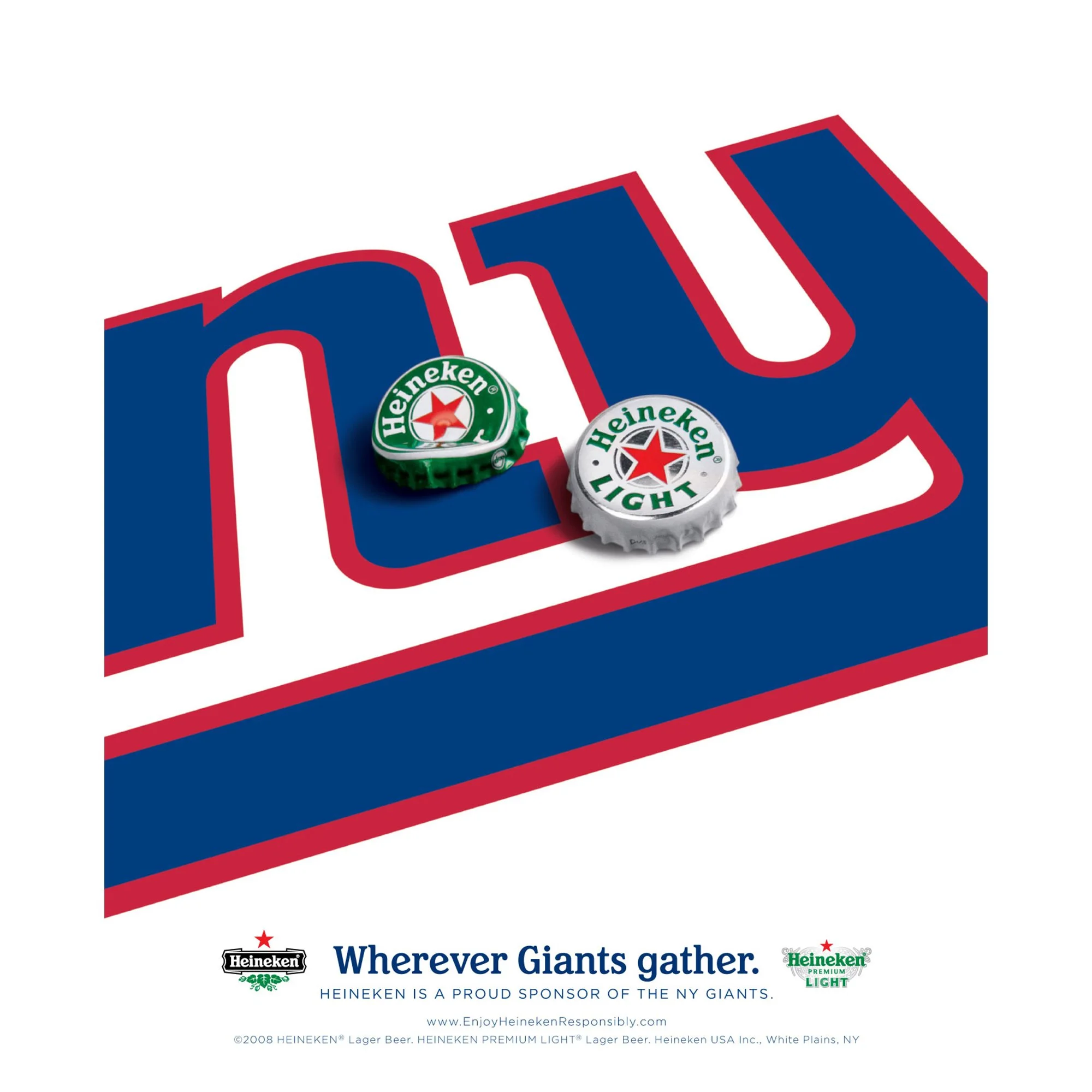 A promotional poster for Heineken beer with the slogan 'Wherever Giants gather.' The poster features the Heineken logo and mentions sponsorship of the New York Giants football team, with the website www.EnjoyHeinekenResponsibly.com at the bottom.