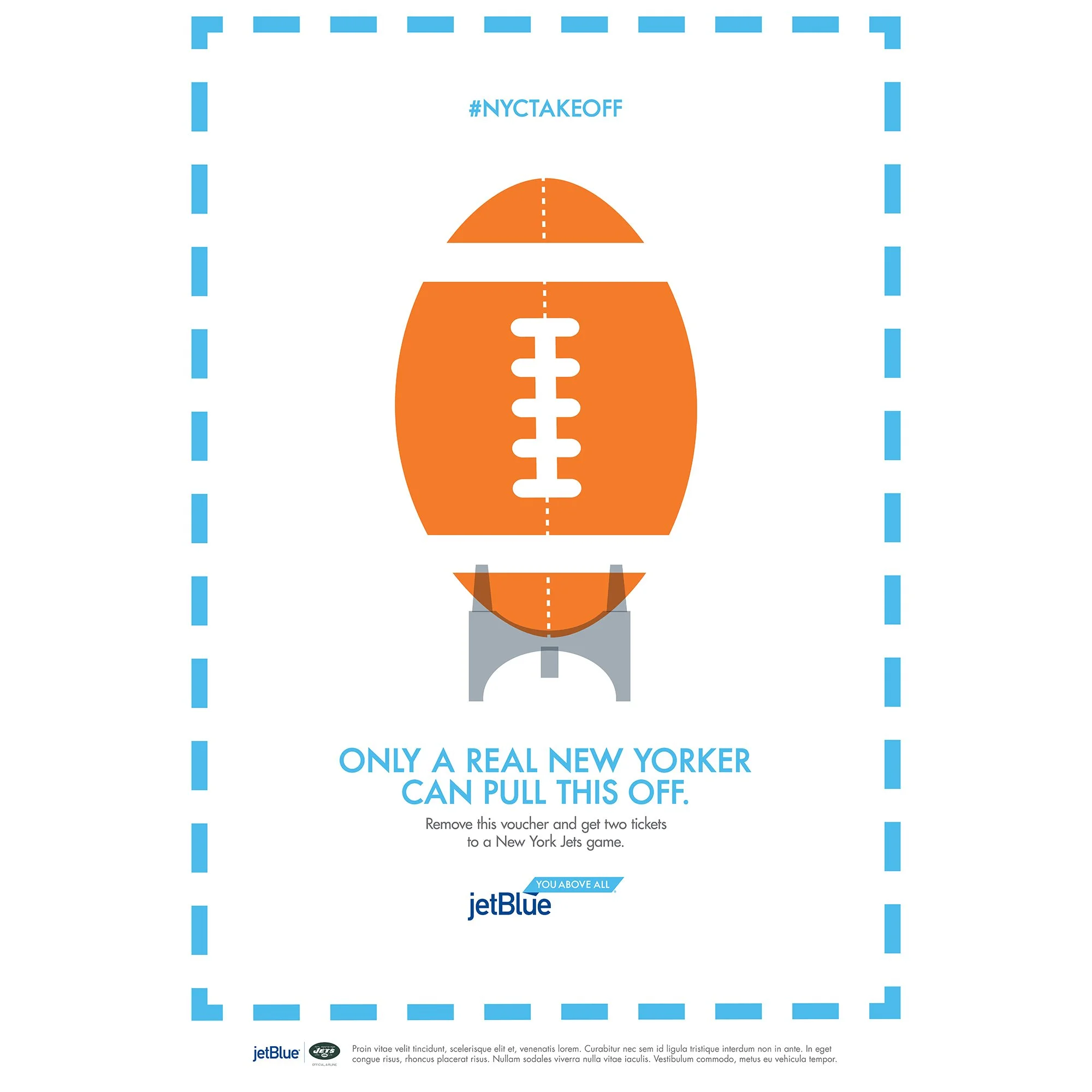 A ticket voucher for two New York Jets football game tickets, with promotional text encouraging the holder to remove the voucher to claim tickets, featuring the JetBlue logo and hashtag #NYCTAKEOFF.