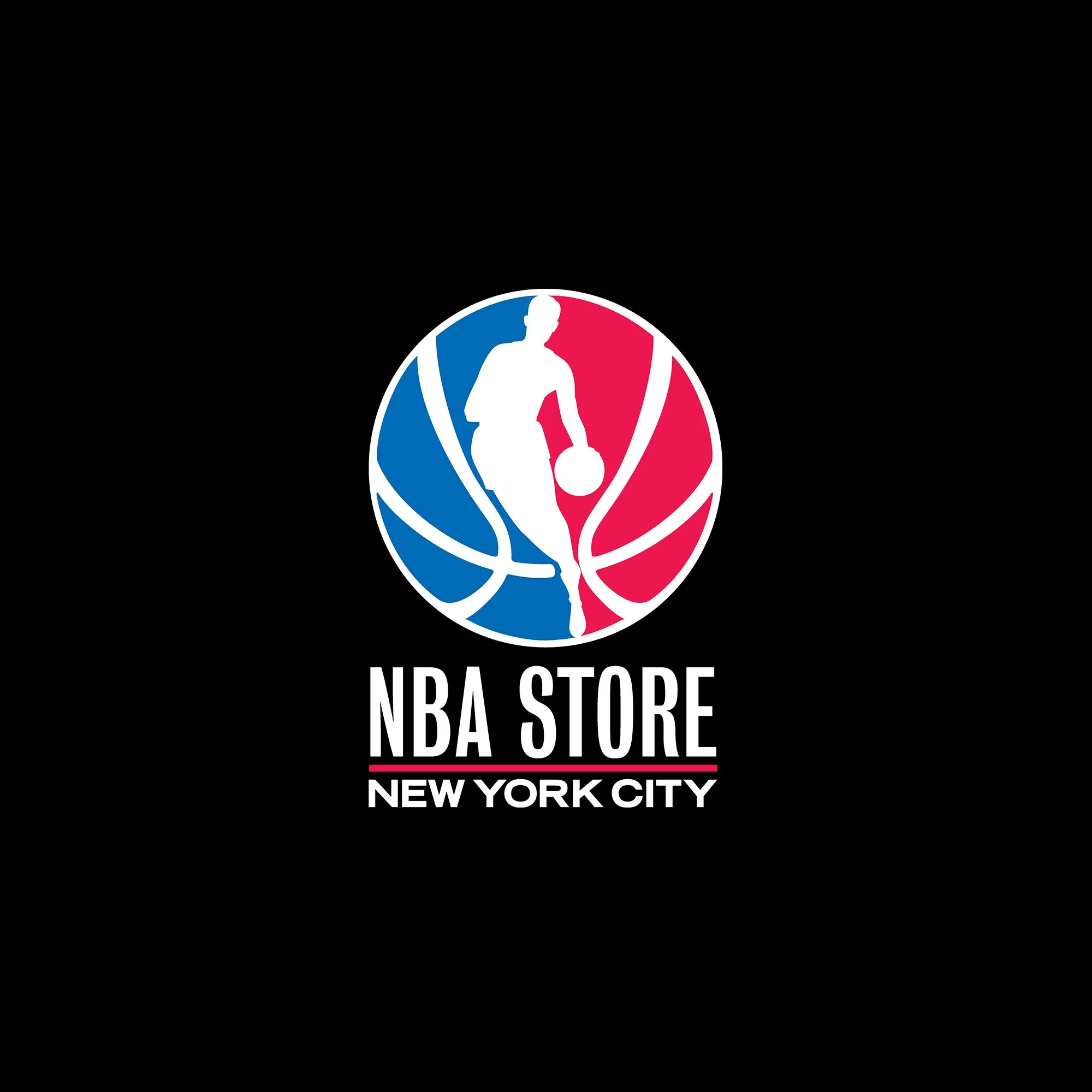 Logo for NBA Store New York City featuring a silhouette of a basketball player dribbling, with red, white, and blue sections.