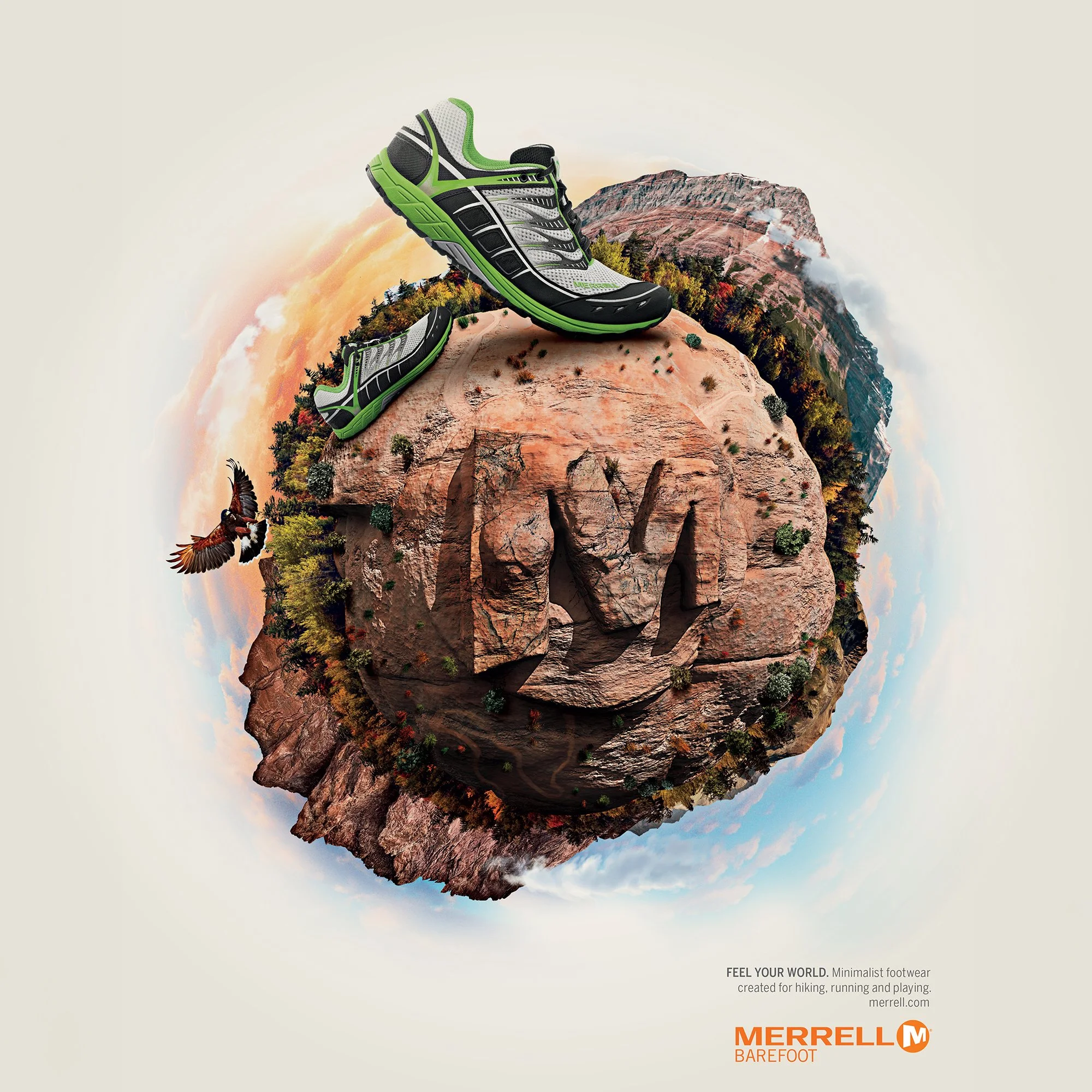 Advertisement with a floating mountain with trees and clouds in the background. Features a Merrell Barefoot running shoe and sandal logo, slogan 'Feel Your World,' promoting minimalist footwear for hiking, running, and playing.