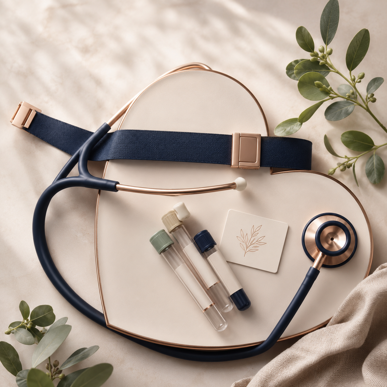 Medical equipment including a stethoscope, blood sample test tubes with caps in green, beige, and navy, a white card with a leaf illustration, and a mannequin head with a navy strap, arranged on beige overlapping trays decorated with green foliage.