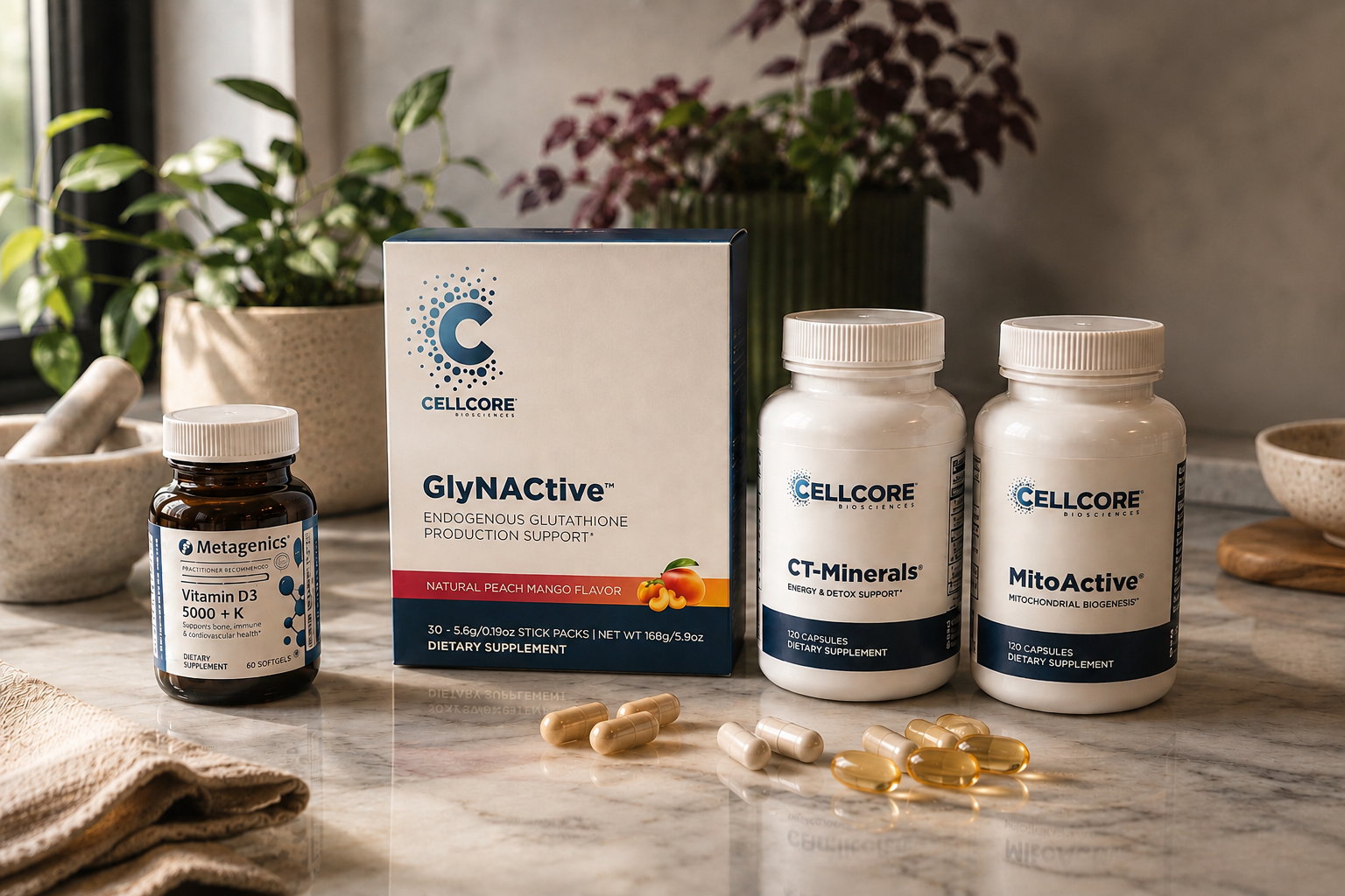 Supplements and health products on a marble countertop, including a bottle of Vitamin D3, two bottles of Cellcore dietary supplements, and a box of GlyNACTive with capsules scattered around.