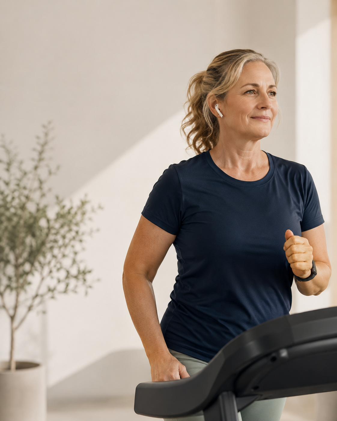 A middle-aged woman jogging on a treadmill indoors, wearing a navy blue athletic shirt and wireless earbuds.
