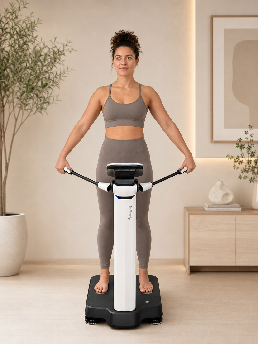 A woman in workout clothes standing on a modern vibration machine in a living room.