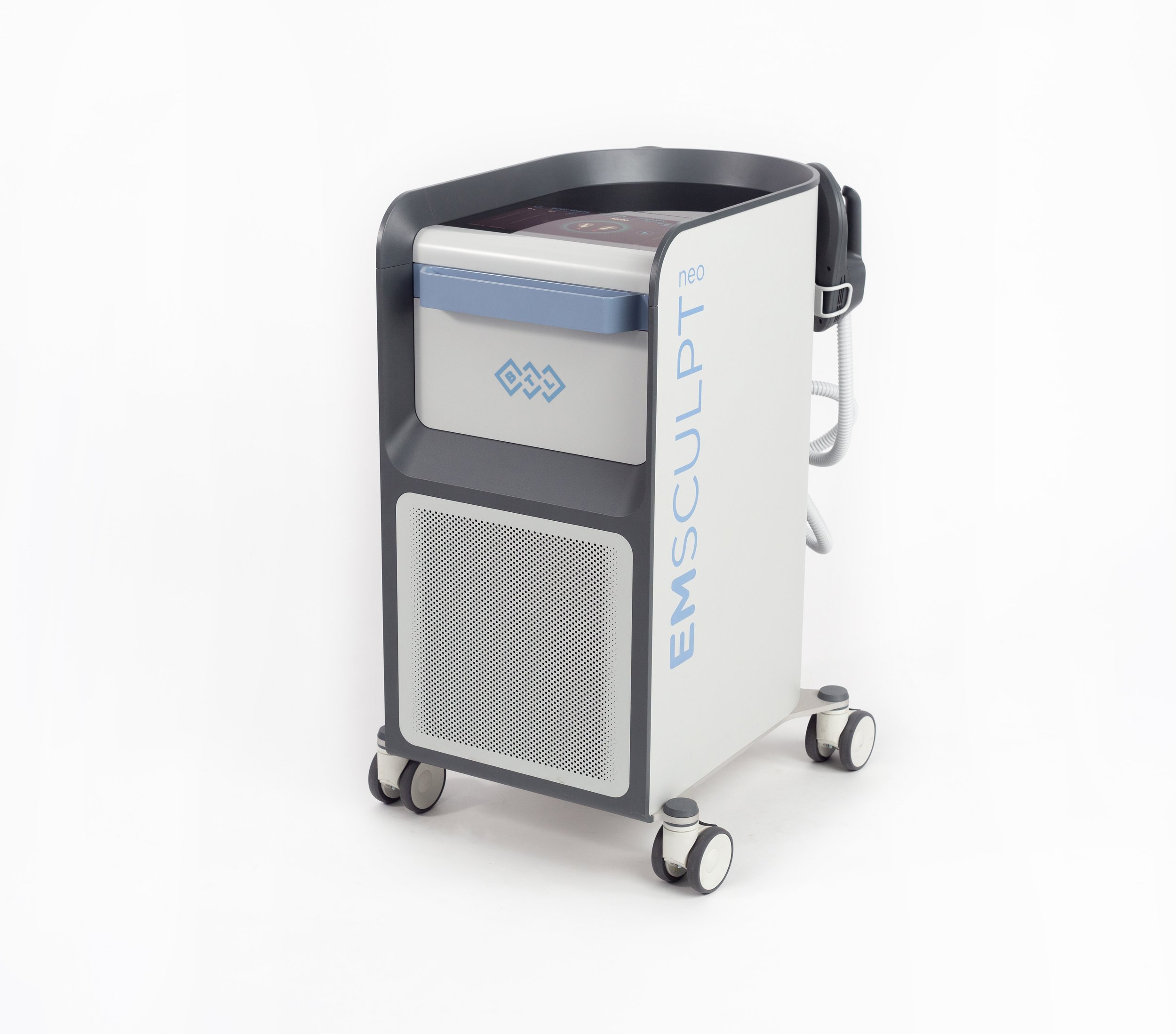 Medical device with a digital touchscreen interface, white and gray body with the word 'neo' on it, mounted on a mobile stand with wheels.