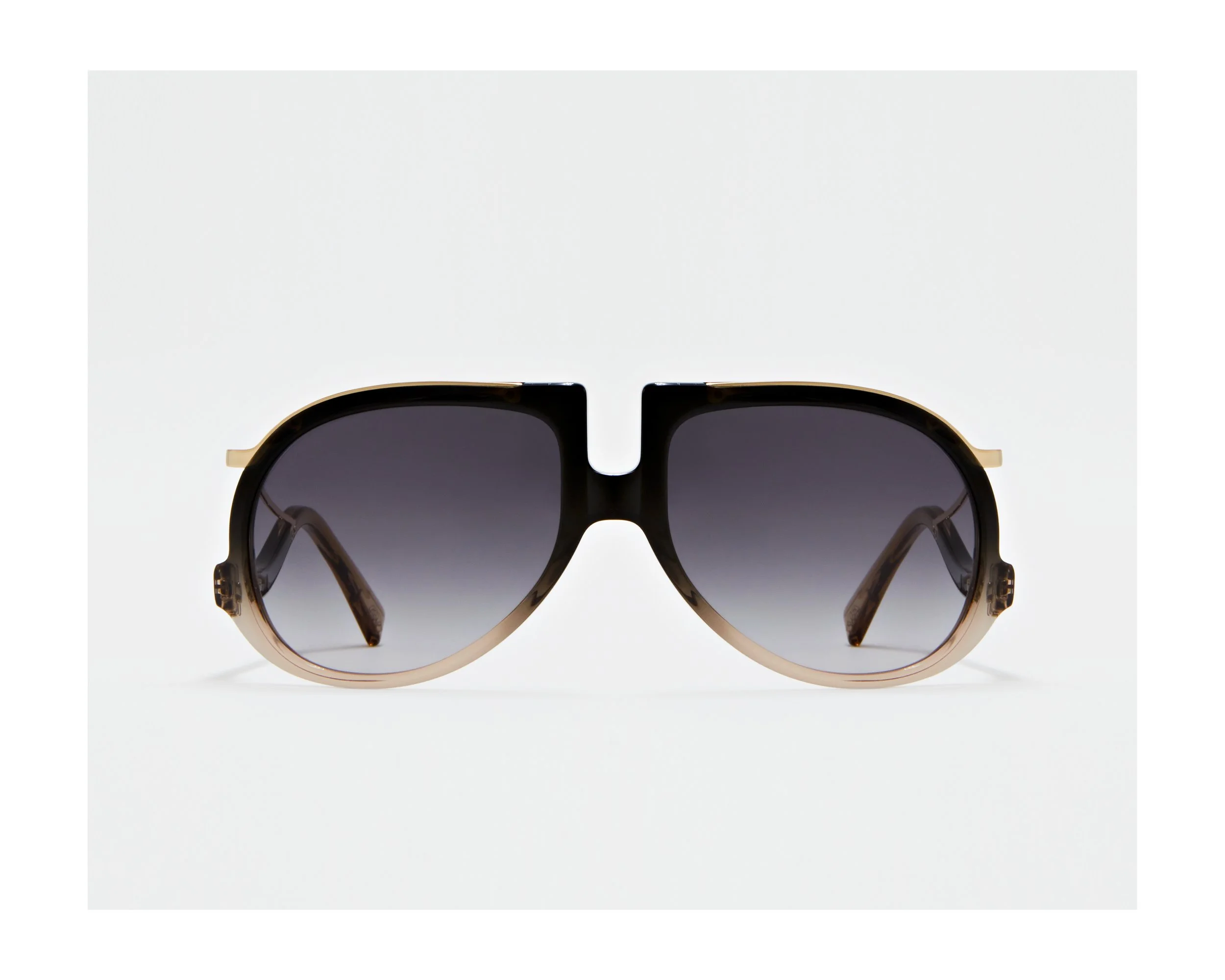 Lunettes de soleil LAGA Eyewear GORA dégradé champagne de face. Monture de luxe pour femme et homme, design organique, verres teintés solaires. Marque française fabriqué en France