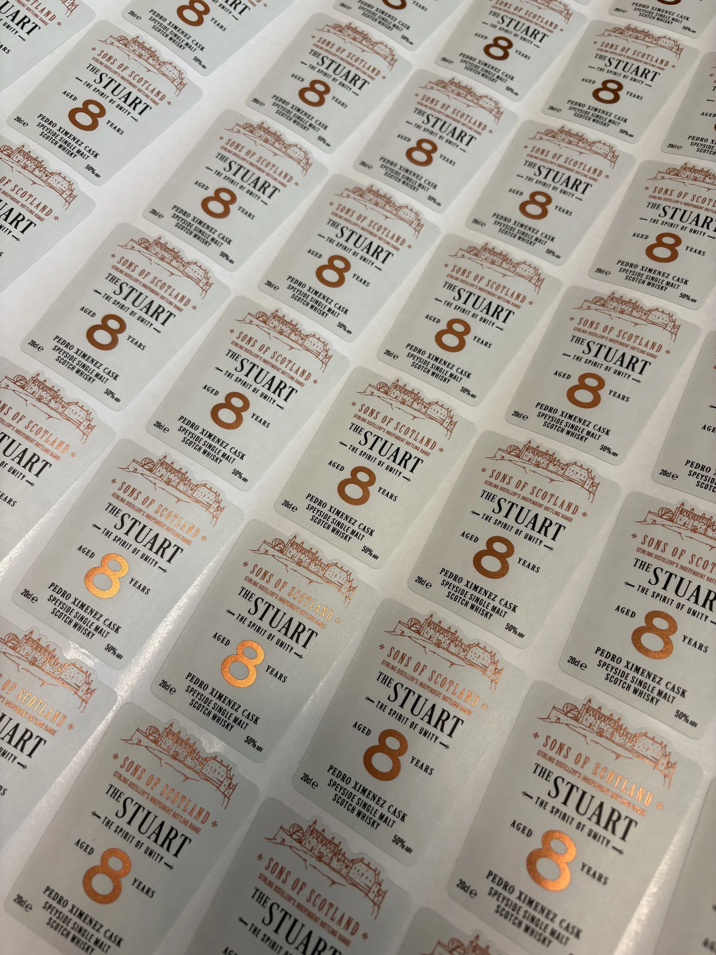 custom cut metallic foil whisky labels