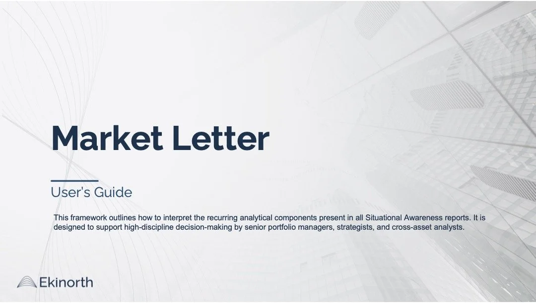 Cover page of a report titled 'Market Letter User's Guide' with background graphics of tall modern buildings and the Ekinorth logo at the bottom.