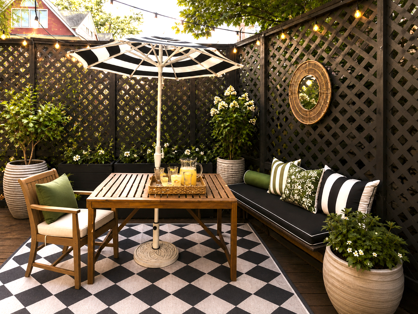 Outdoor living space by Linda McDermott of McDermott Interiors, Portland, OR. A cozy patio featuring a wood dining table, comfortable seating, lush greenery, string lights, and thoughtful styling for relaxed outdoor living.