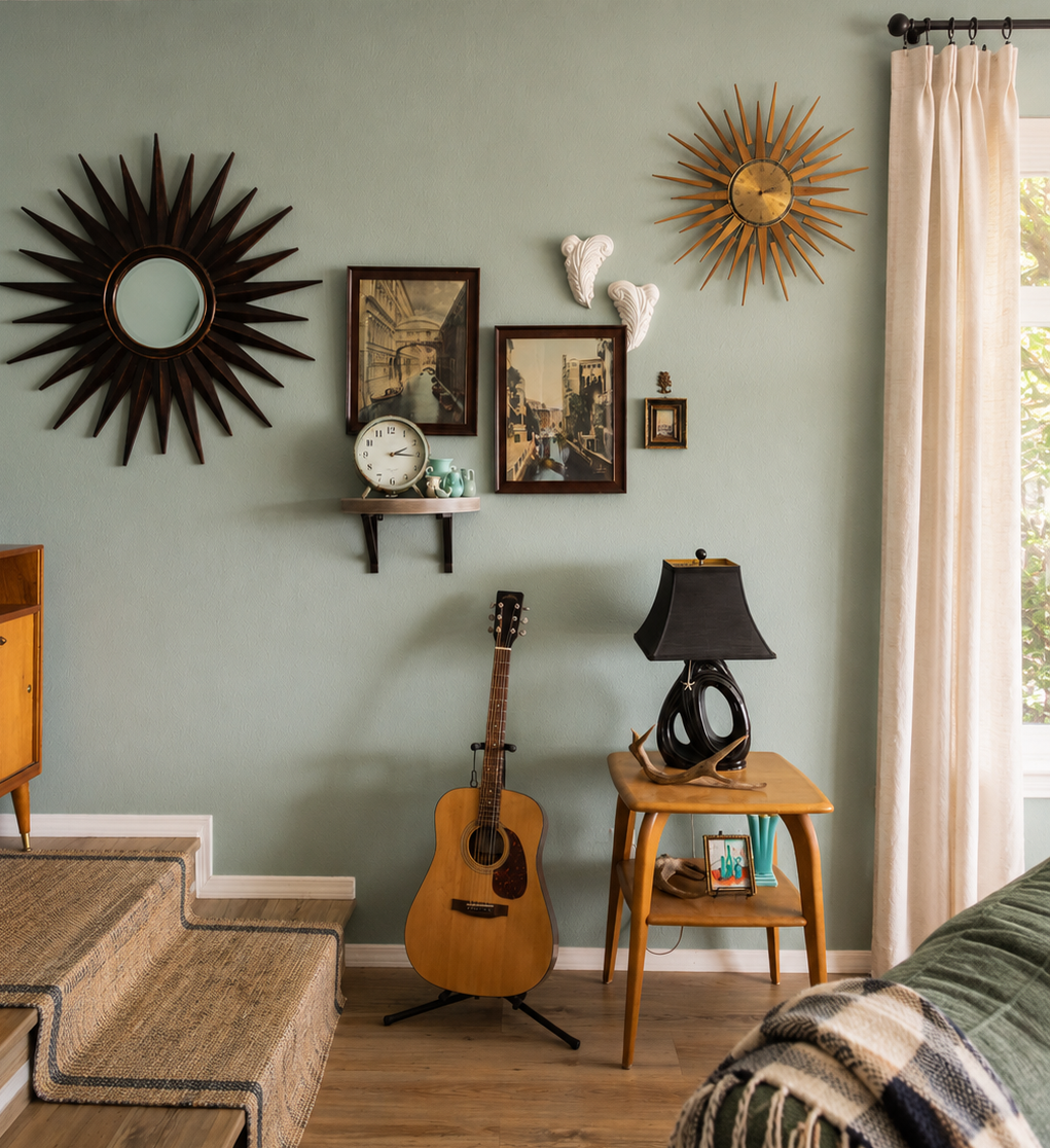 Vancouver, WA living room designed by Linda McDermott of McDermott Interiors, featuring vintage sunburst mirrors, layered artwork, warm wood accents, sculptural décor, and thoughtfully styled details.