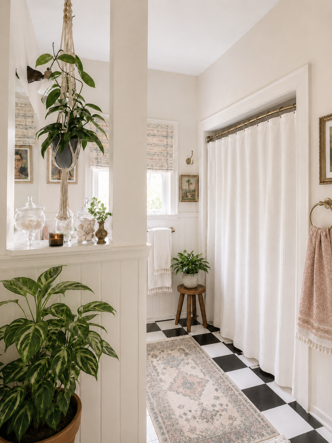Bathroom by Linda McDermott of McDermott Interiors, Portland, OR. A bright, thoughtfully styled bathroom featuring a classic black-and-white checkered floor, lush greenery, curated artwork, and timeless details.